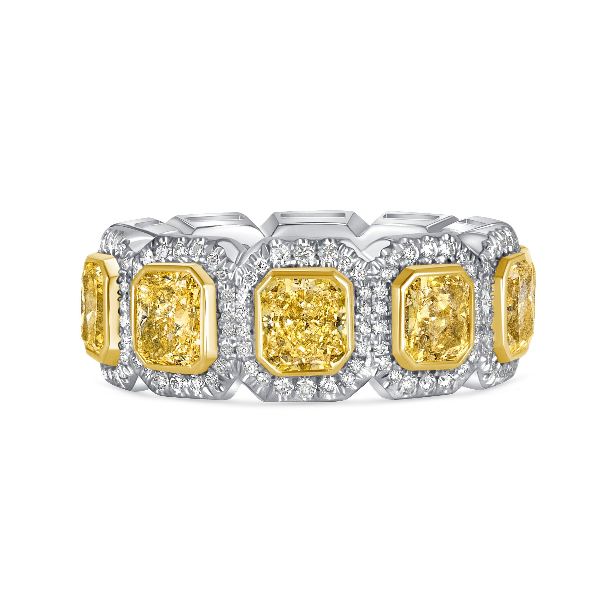 Radiant Cut Yellow Diamond and Halo White Diamond Eternity Band in 18 Karat Yellow Gold and Platinum