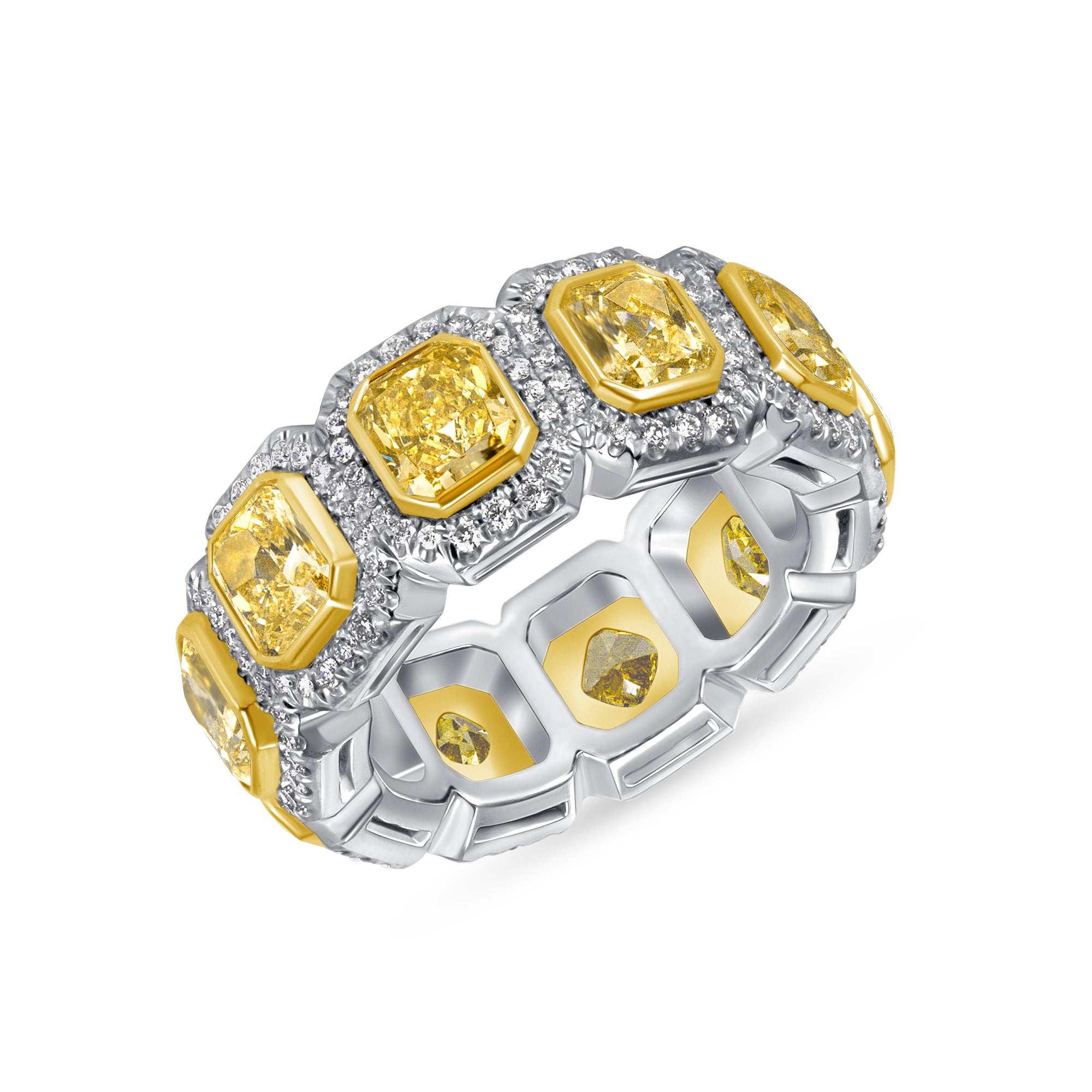 Radiant Cut Yellow Diamond and Halo White Diamond Eternity Band in 18 Karat Yellow Gold and Platinum