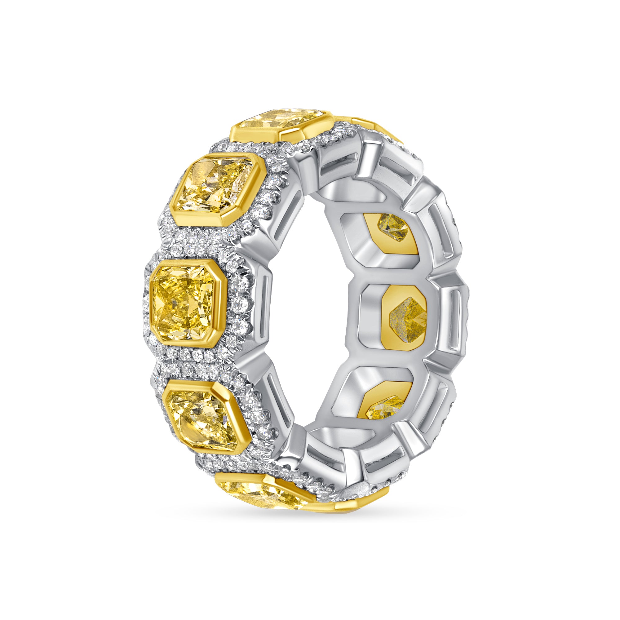 Radiant Cut Yellow Diamond and Halo White Diamond Eternity Band in 18 Karat Yellow Gold and Platinum