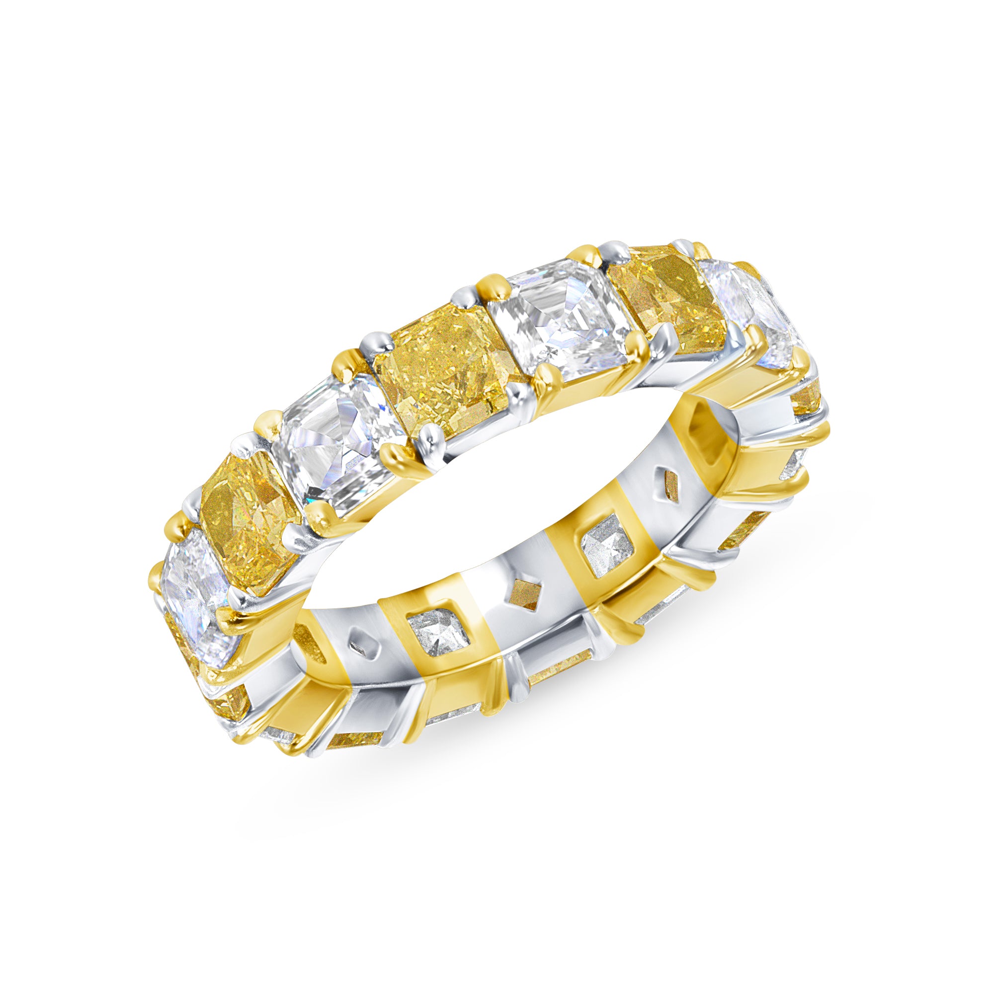 Radiant Cut Yellow Diamond and Asscher Cut White Diamond Eternity Band in 18 Karat Yellow Gold and Platinum