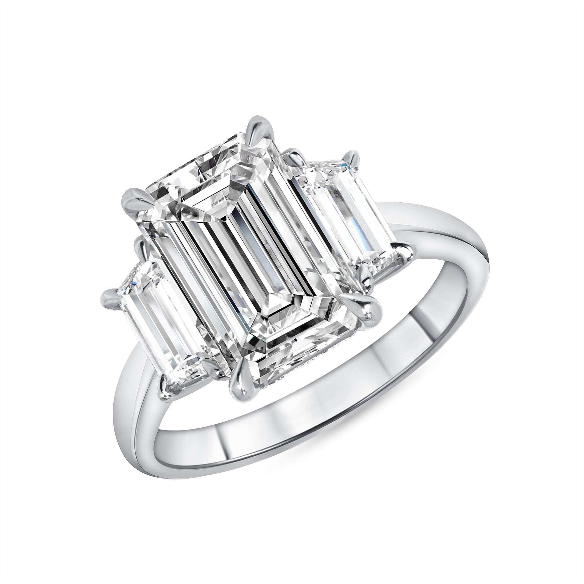 Emerald Cut Diamond Three Stone Ring with Trapezoid Side Stones