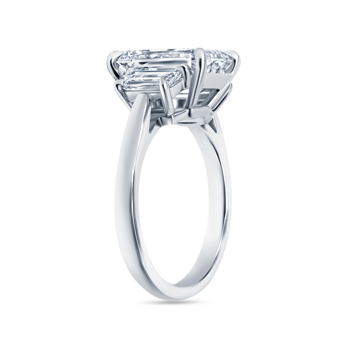 4.01ct Emerald Cut Diamond Three Stone Ring with Trapezoid Side Stones in Platinum Band, GIA Certified