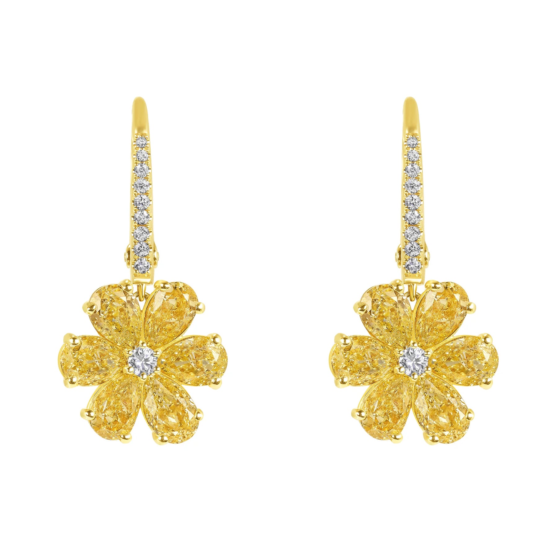 Pear Shape Fancy Yellow Diamond Flower Dangle Earrings in 18 Karat Yellow Gold
