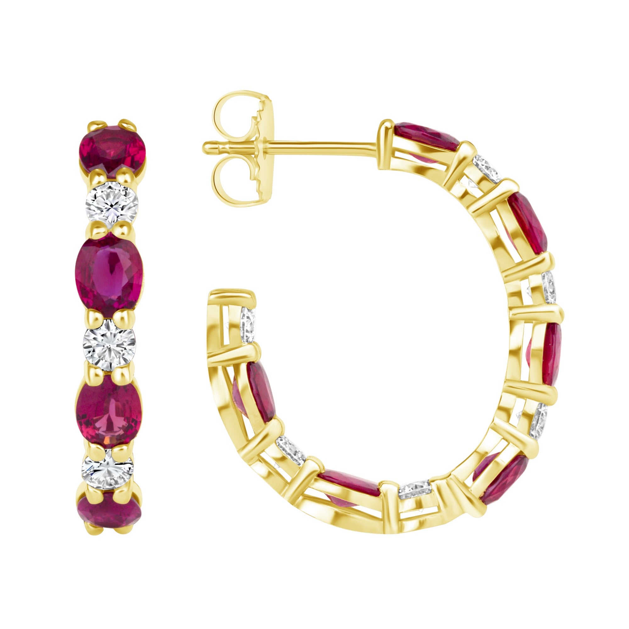 Ruby and Diamond Hoop Earrings in 18K Yellow Gold