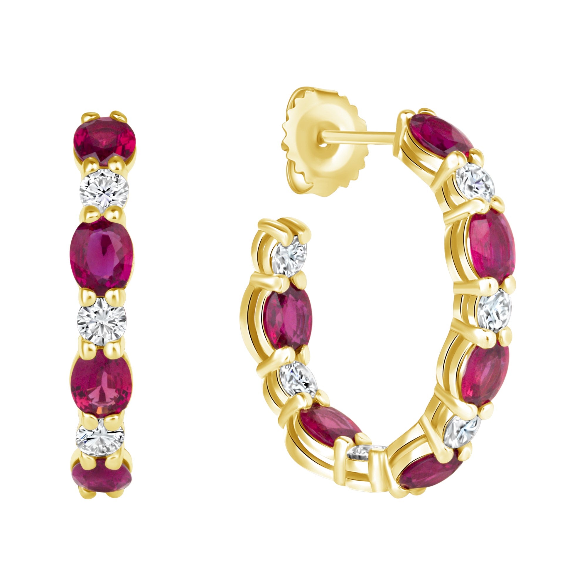 Ruby and Diamond Hoop Earrings in 18K Yellow Gold
