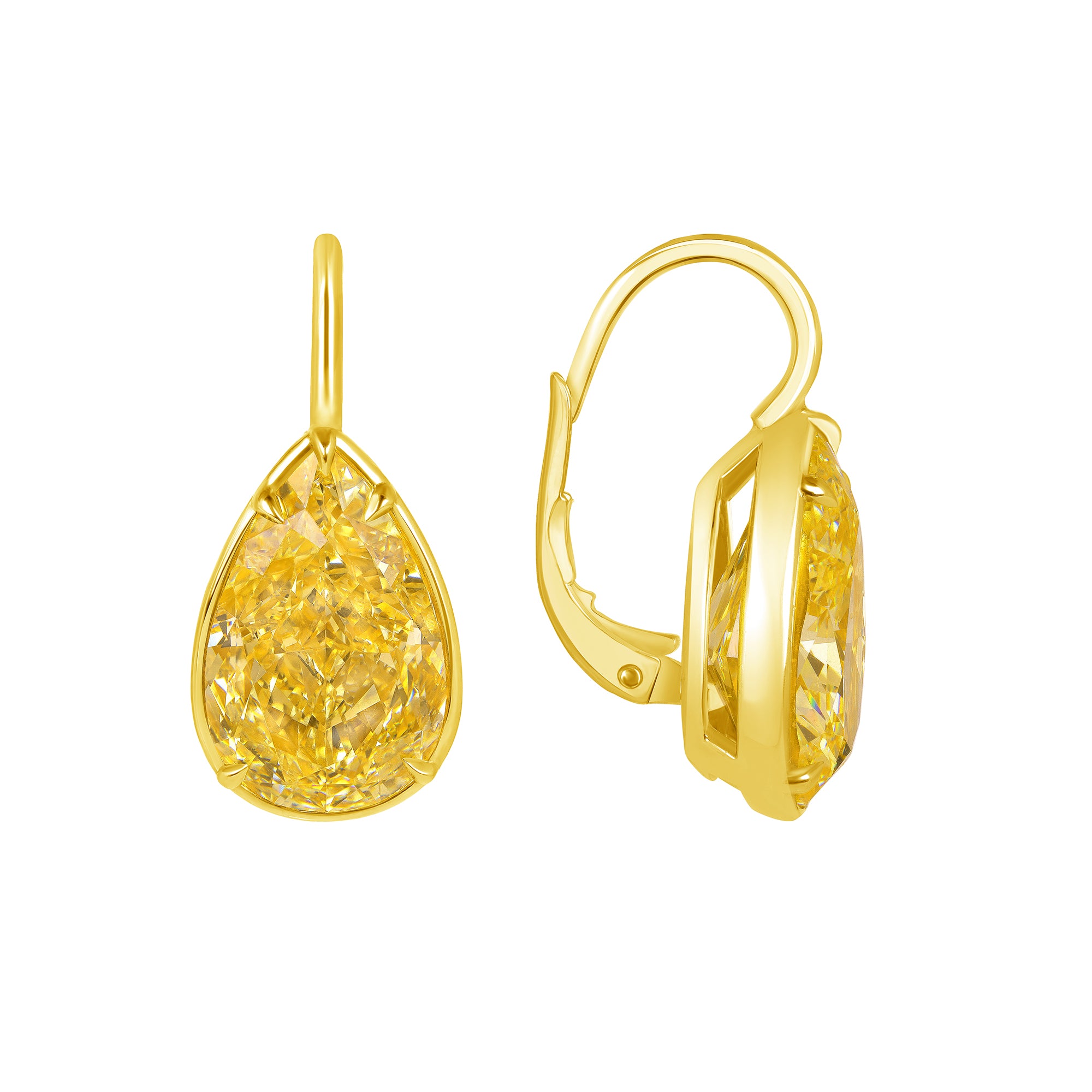 Pear Shape Bezel Set Fancy Yellow Diamond Dangle Earrings in 18 Karat Yellow Gold
