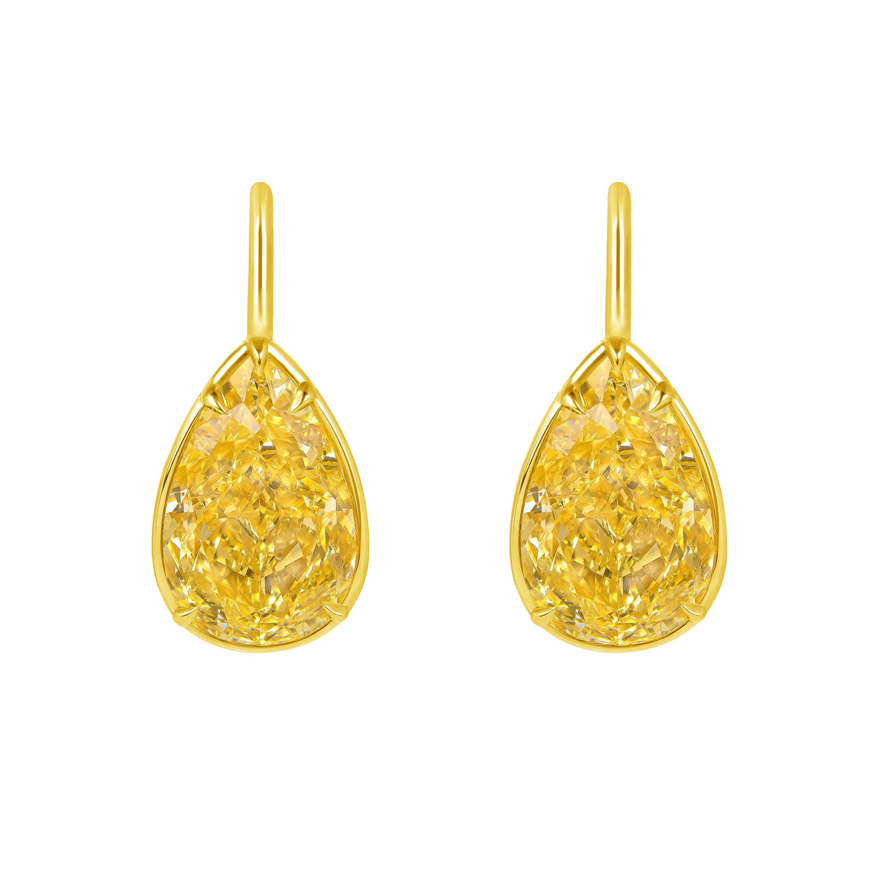 Pear Shape Bezel Set Fancy Yellow Diamond Dangle Earrings in 18 Karat Yellow Gold