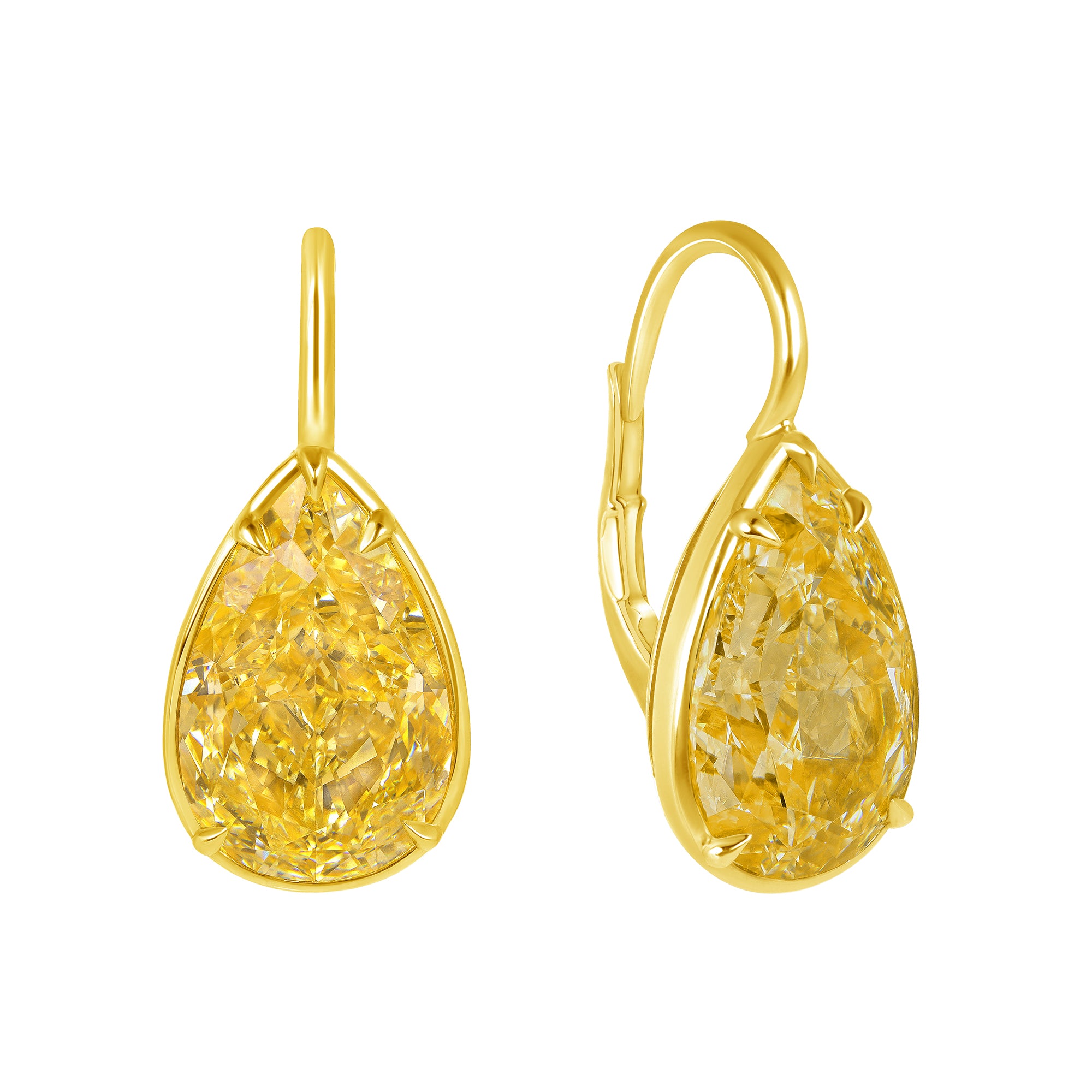Pear Shape Bezel Set Fancy Yellow Diamond Dangle Earrings in 18 Karat Yellow Gold