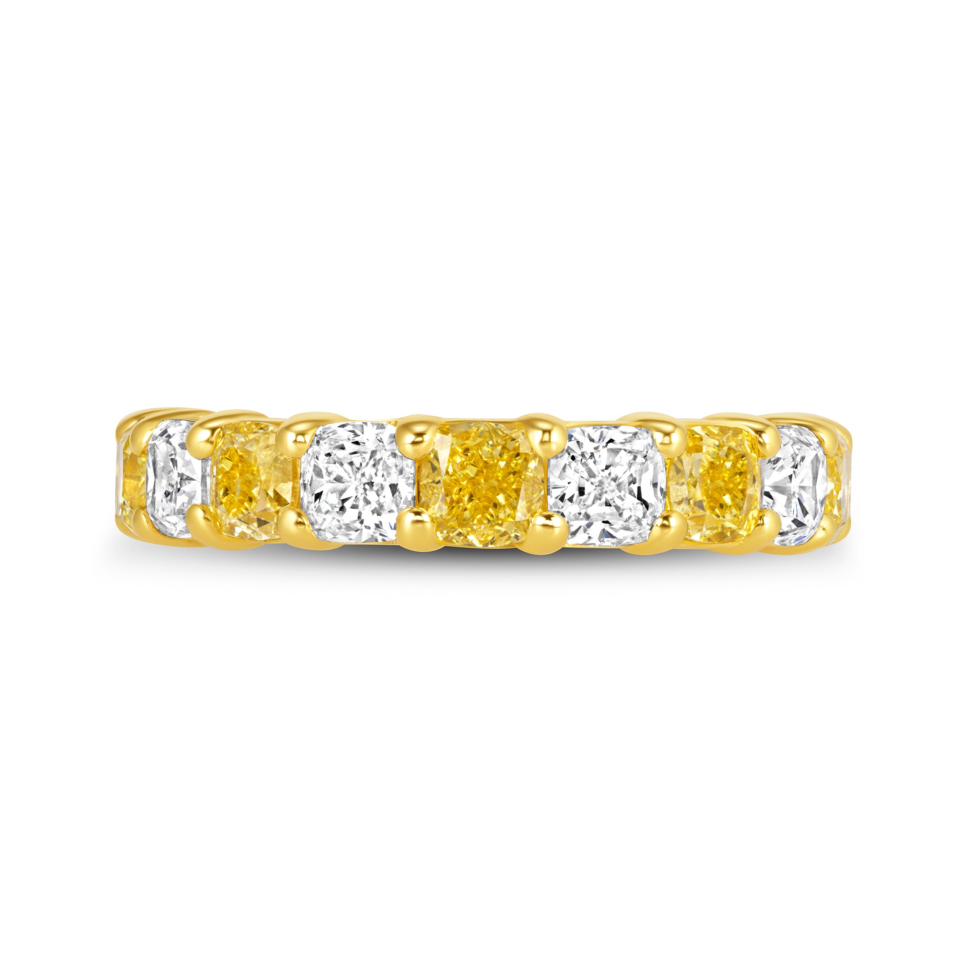 Alternating Yellow and White Cushion Cut Diamond Eternity Band in 18K Yellow Gold