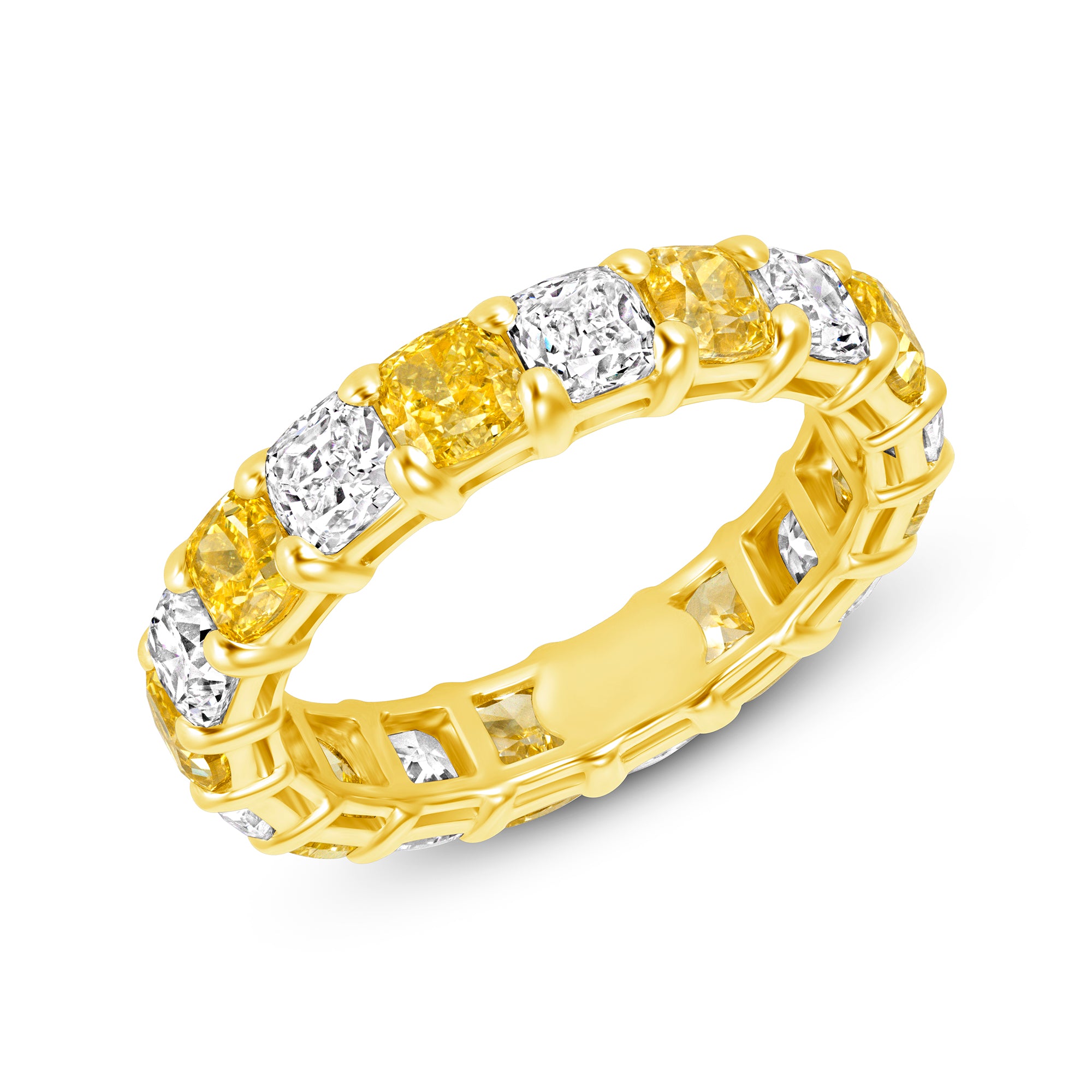Alternating Yellow and White Cushion Cut Diamond Eternity Band in 18K Yellow Gold