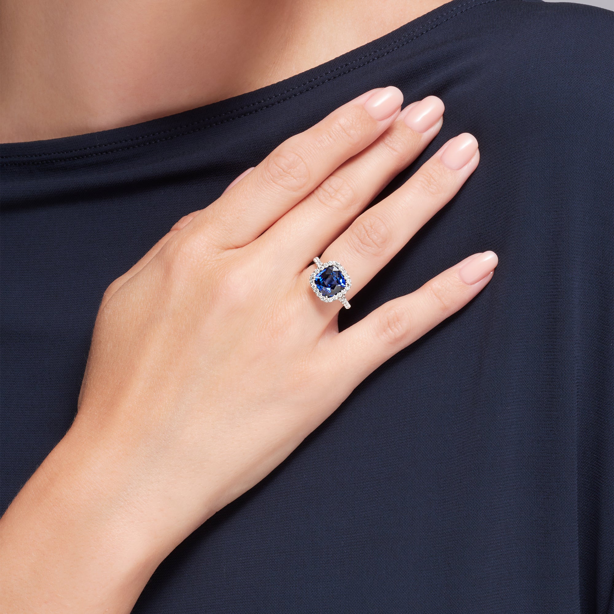 Cushion Cut Blue Sapphire Diamond Halo Ring In Platinum