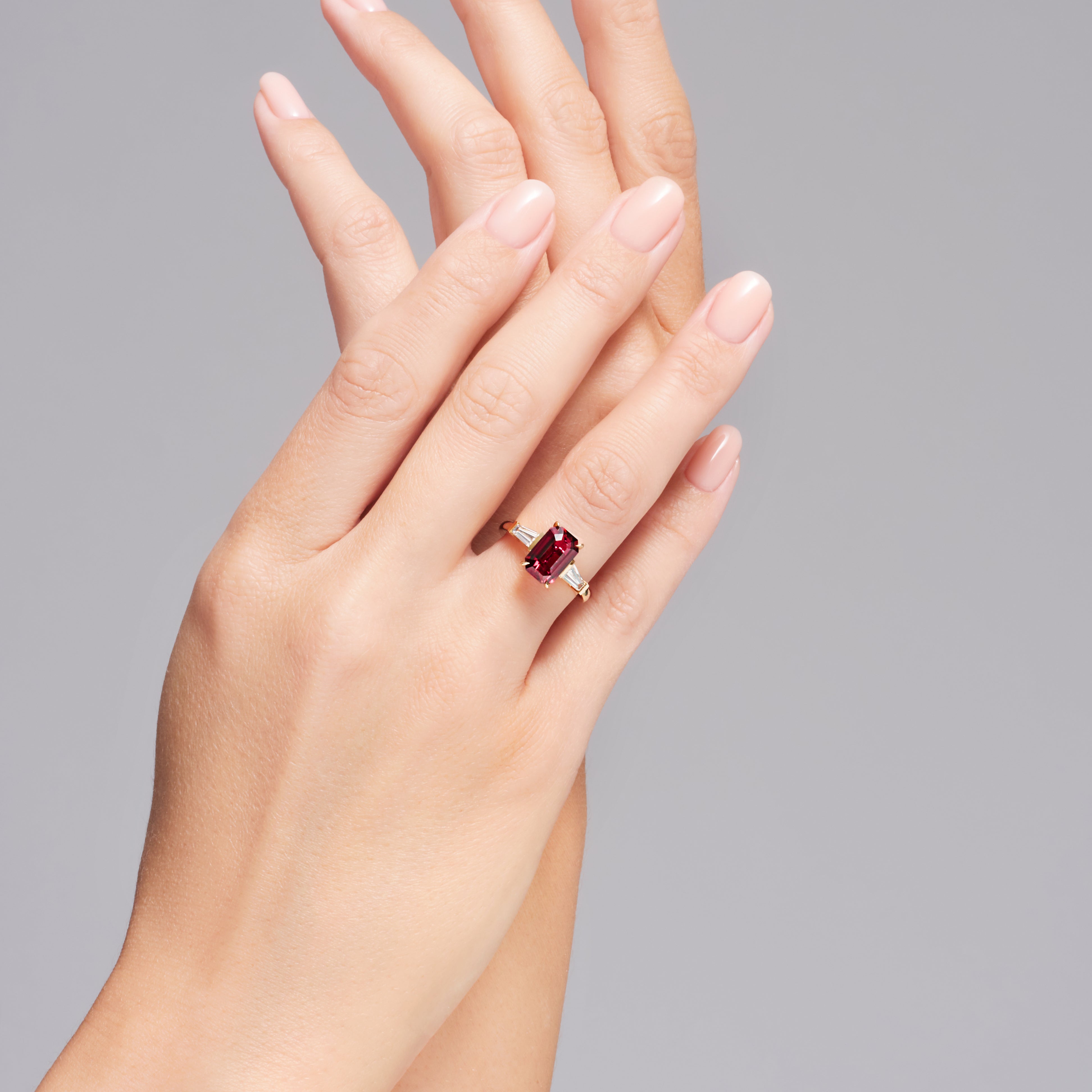 Ruby And Diamond Tapered Baguette Three Stone Ring In 18 Karat Yellow Gold