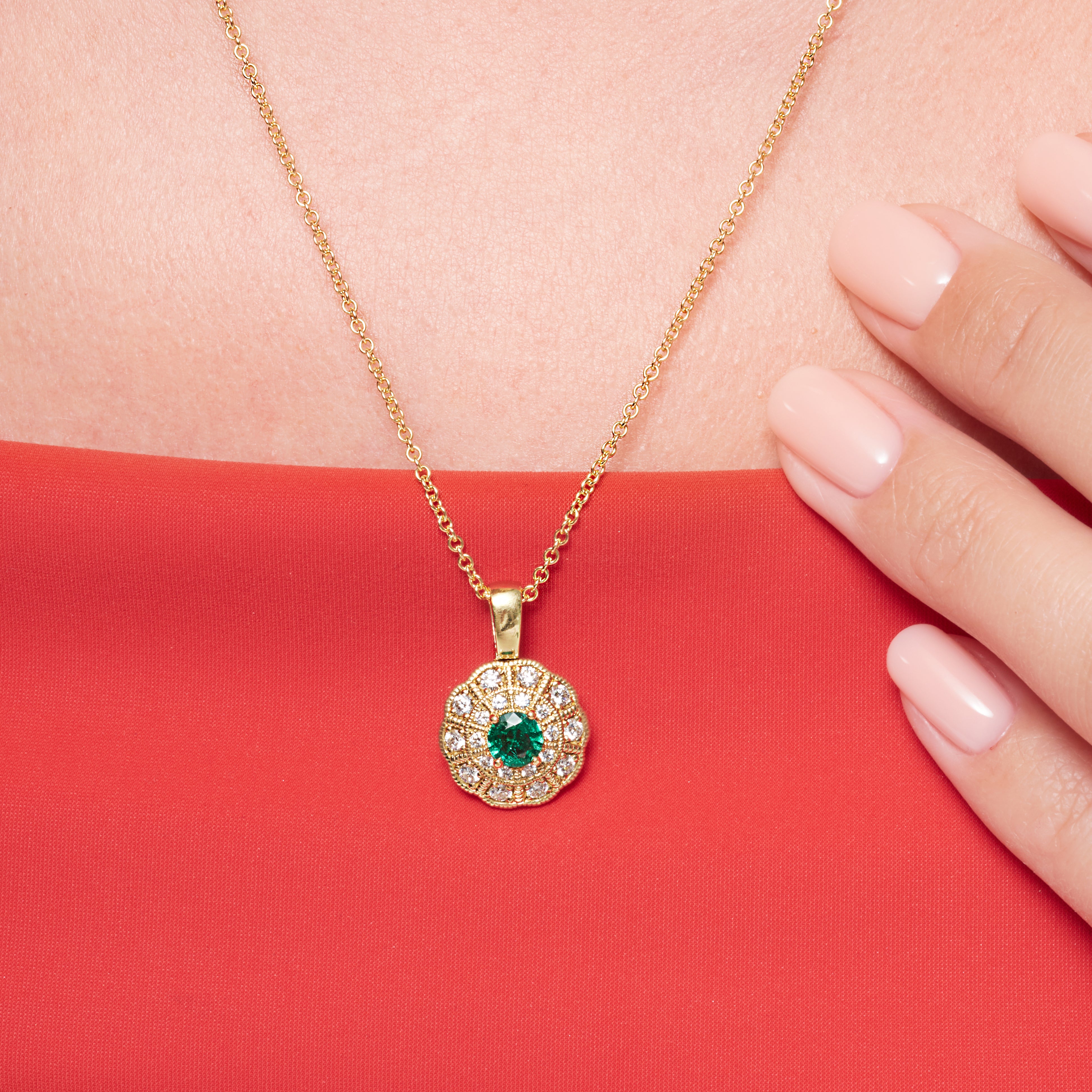 Green Emerald And Diamond Halo Pendant In 18 Karat Yellow Gold