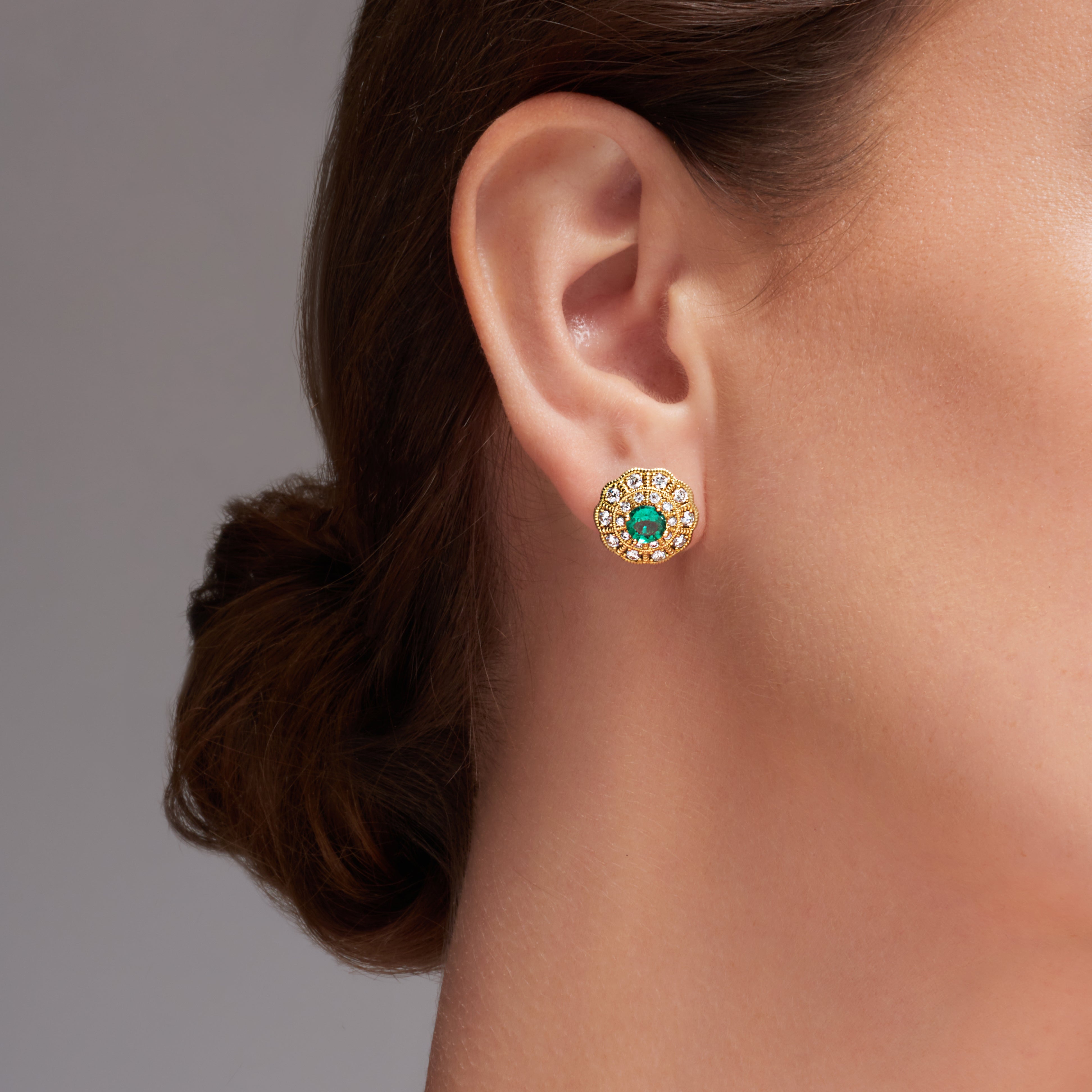 Green Emerald And Diamond Halo Earrings In 18 karat Yellow gold