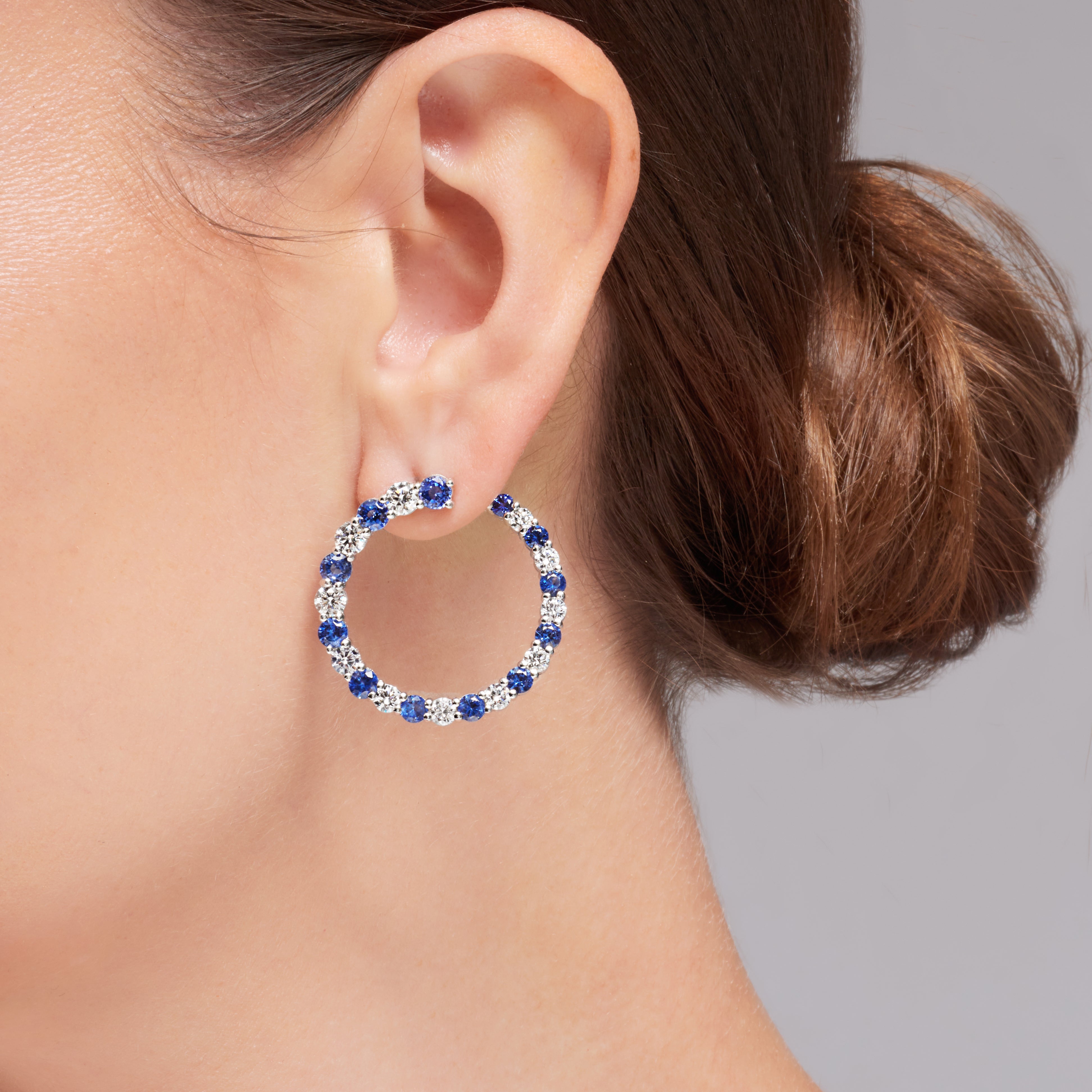 Diamond And Blue Sapphire Circle Earrings In 18 Karat White Gold