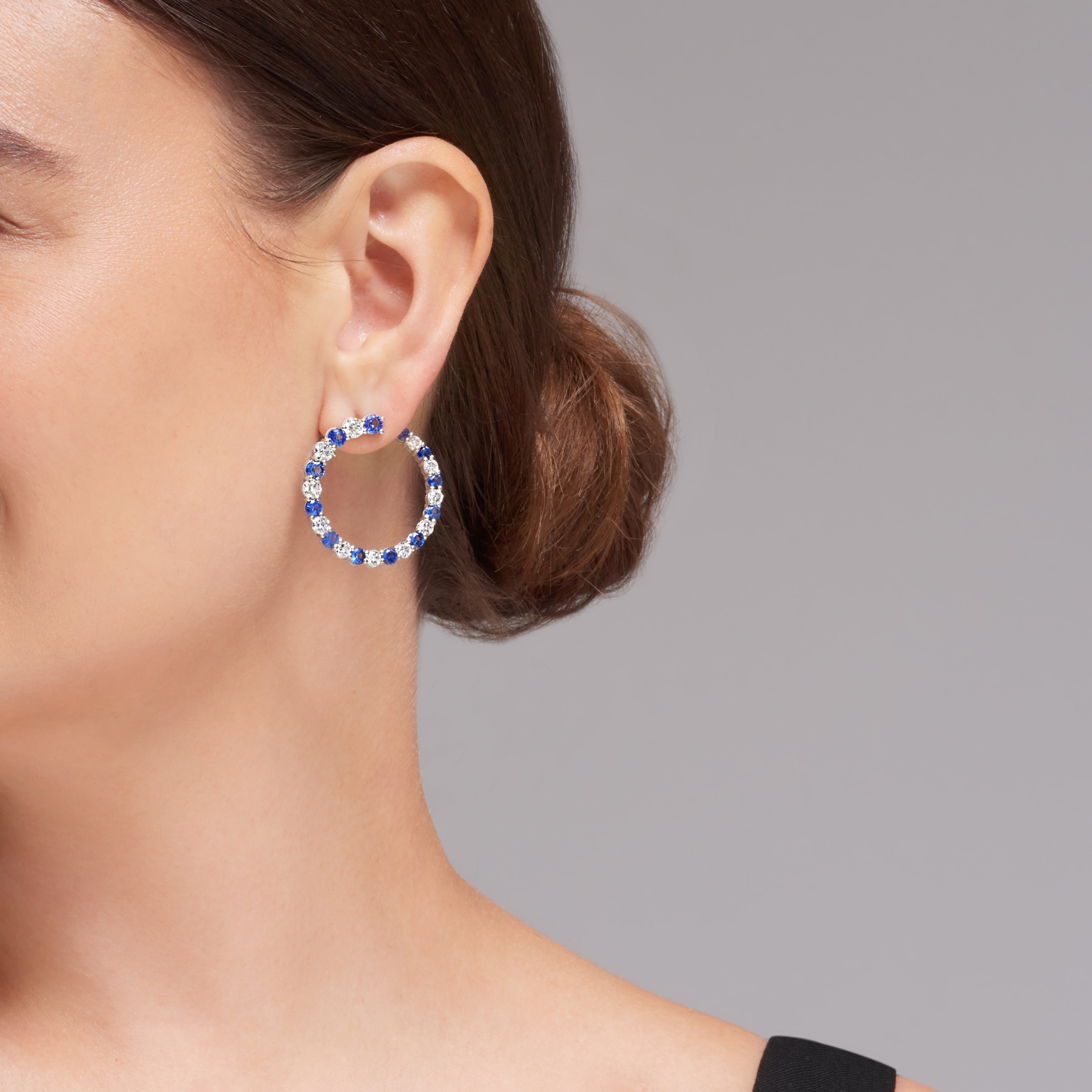 Diamond And Blue Sapphire Circle Earrings In 18 Karat White Gold