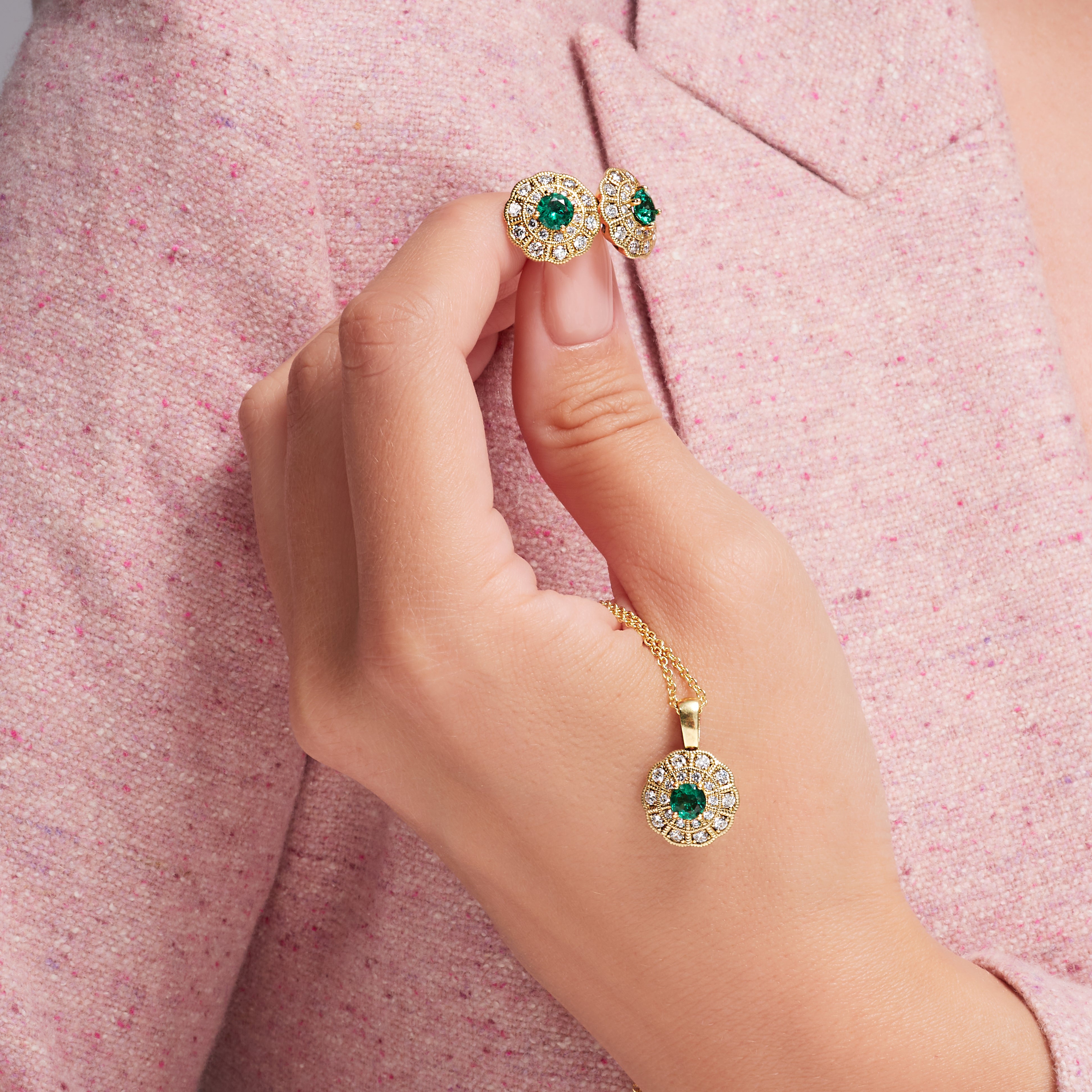 Green Emerald And Diamond Halo Earrings In 18 karat Yellow gold