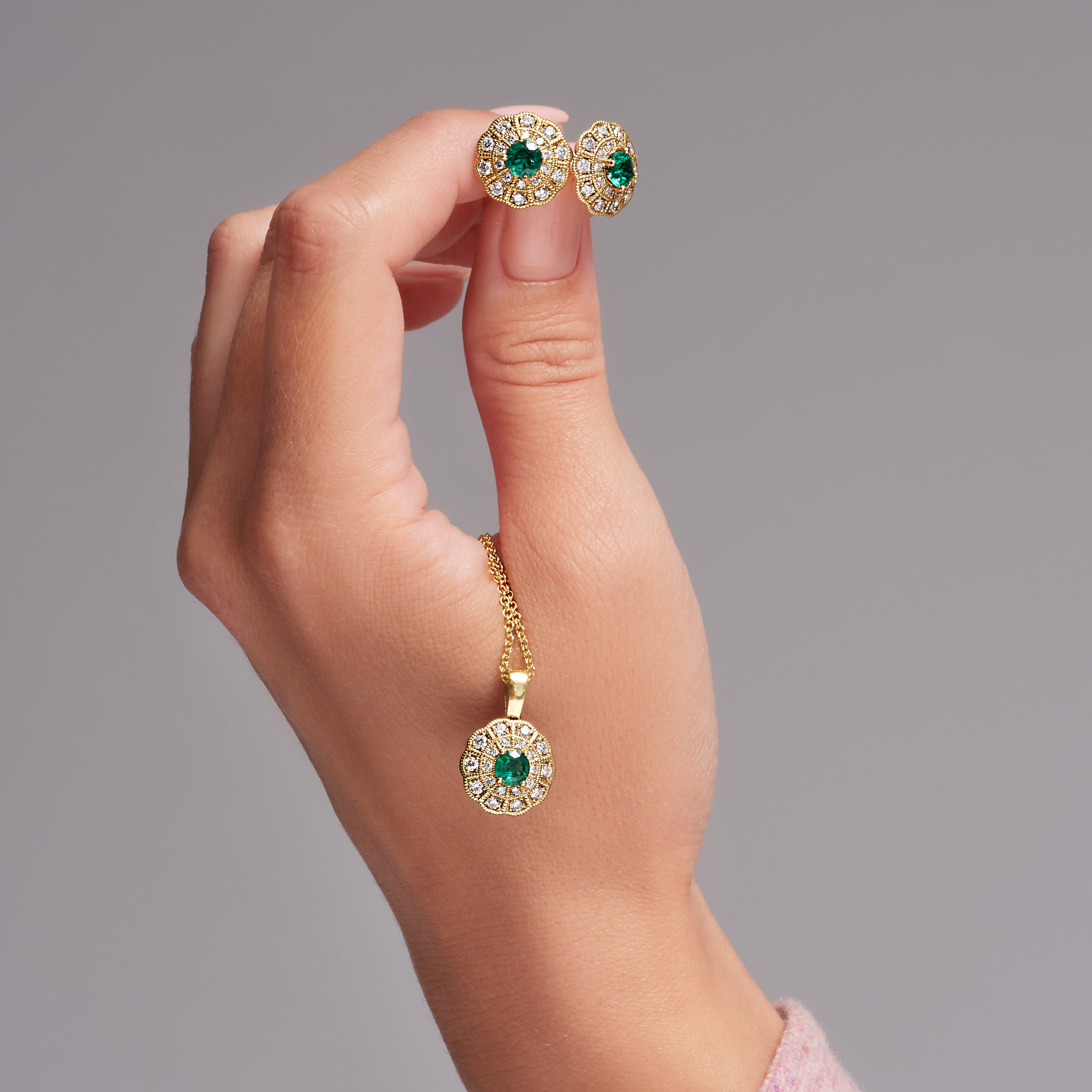 Green Emerald And Diamond Halo Earrings In 18 karat Yellow gold