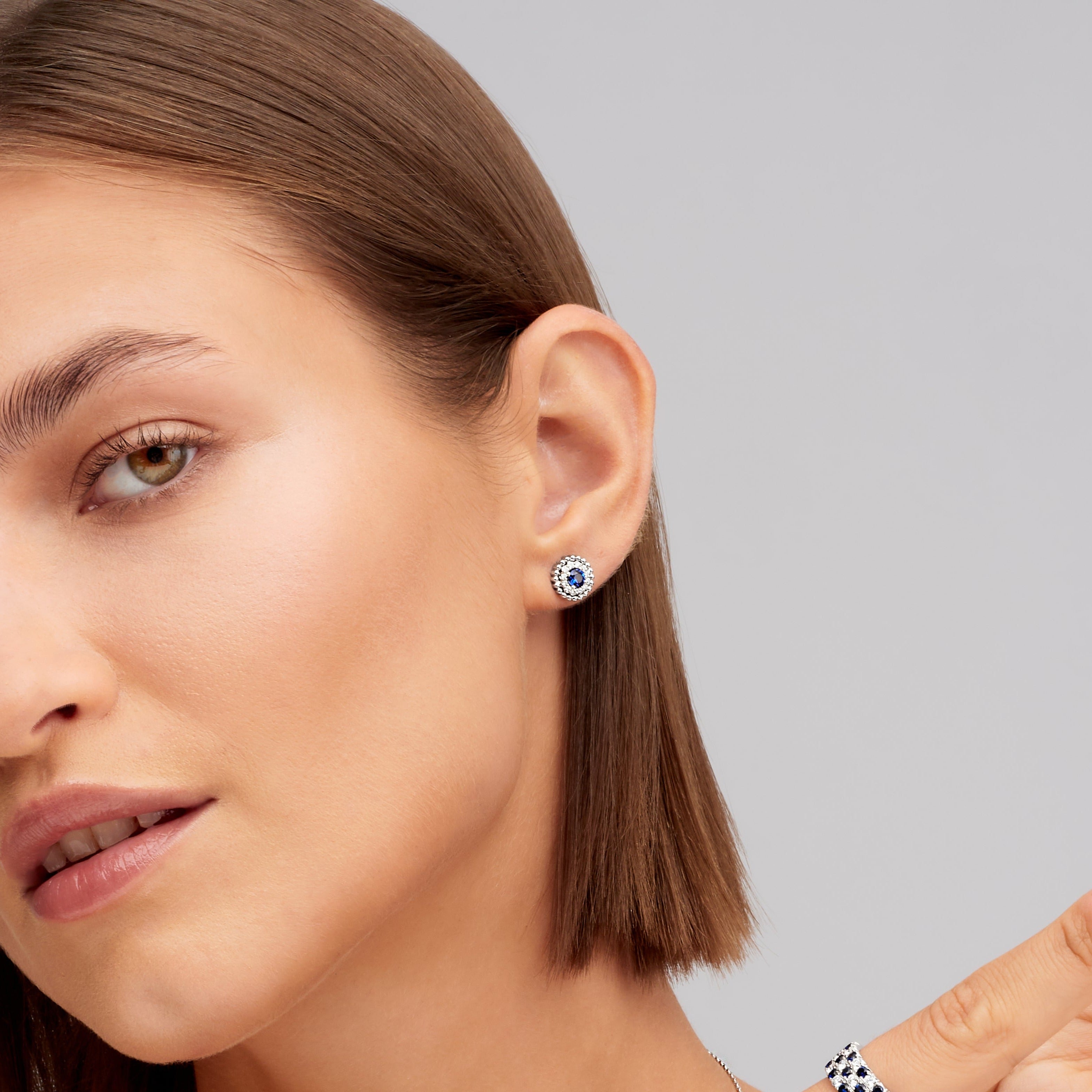 Sapphire Centered and Diamond Stud Earrings in 18K White Gold