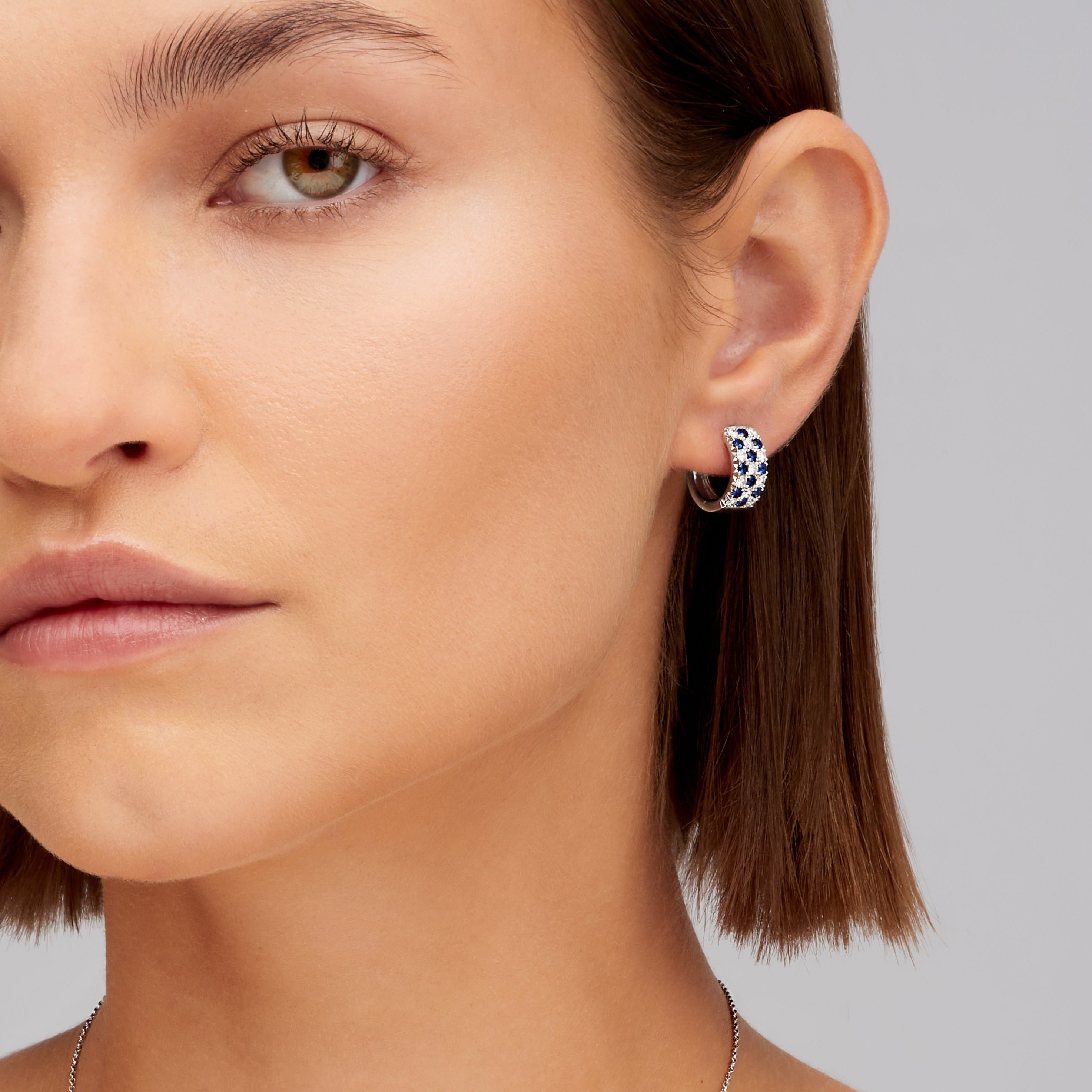 Checkered Sapphire and Diamond Huggie Earrings in 18K White Gold