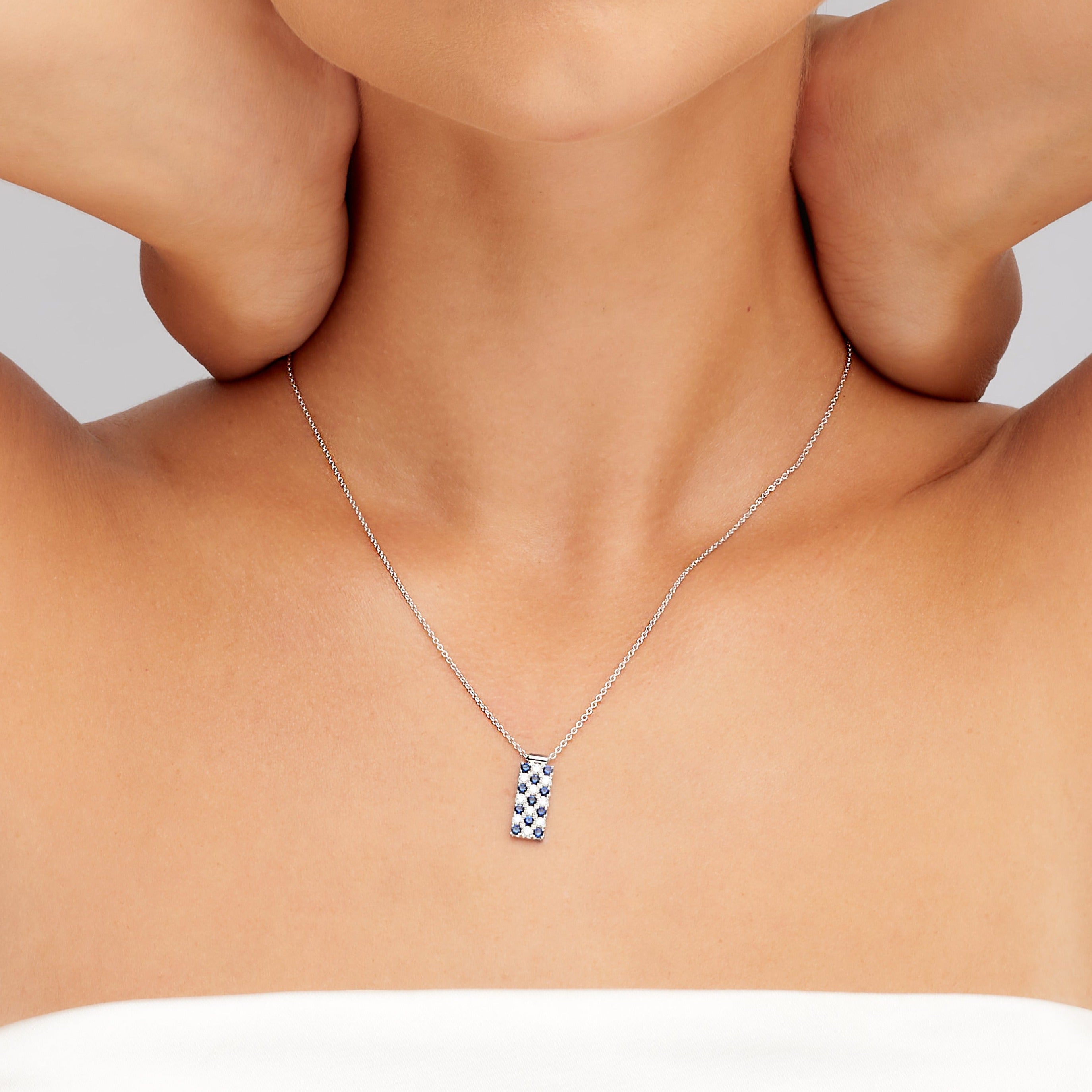 Checkered Sapphire and Diamond Pendant Necklace in 18K in White Gold