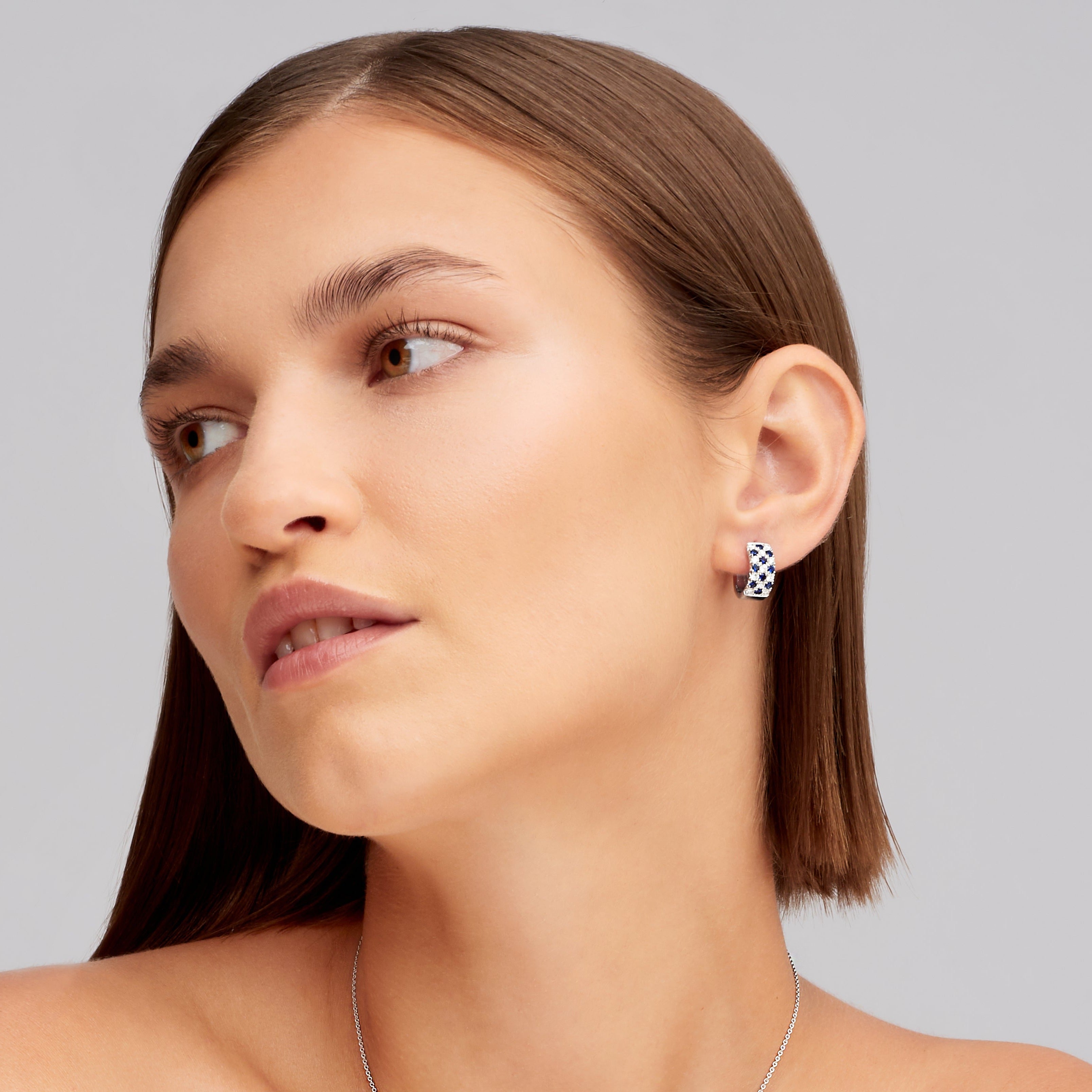Checkered Sapphire and Diamond Huggie Earrings in 18K White Gold