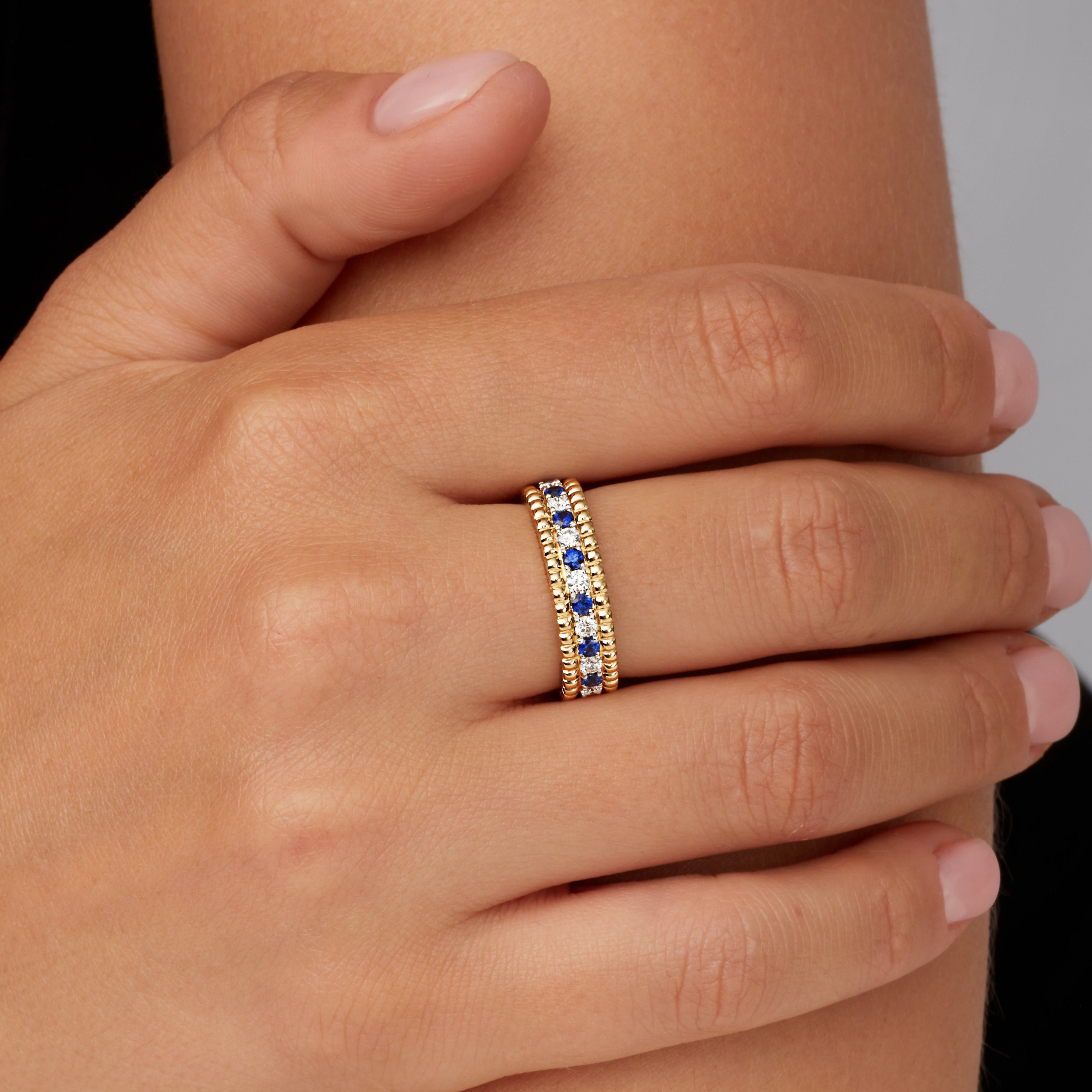 Alternating Round Brilliant Diamond and Sapphire Band in 18K Yellow Gold