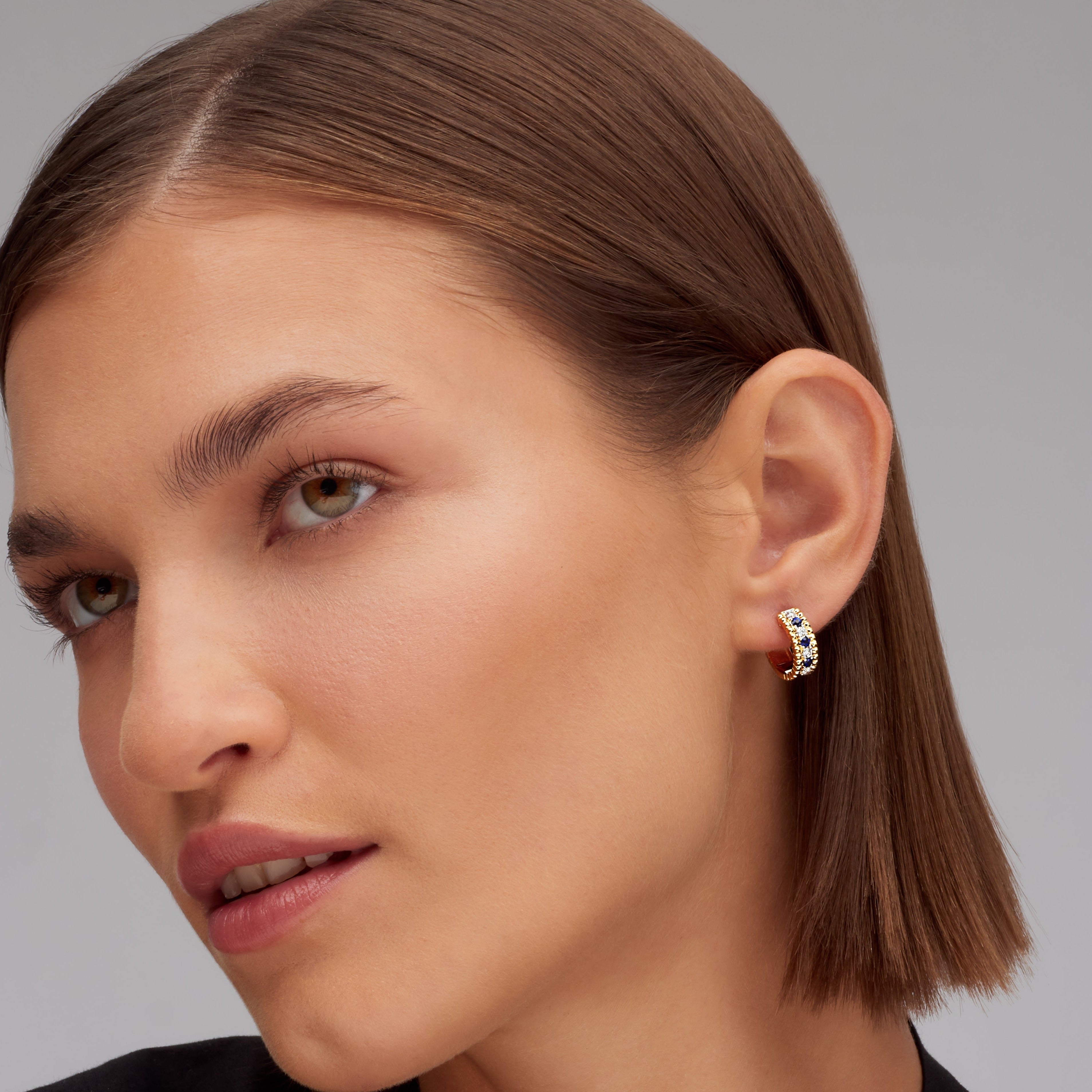Alternating Diamond and Sapphire Huggie Earrings in 18K Yellow Gold