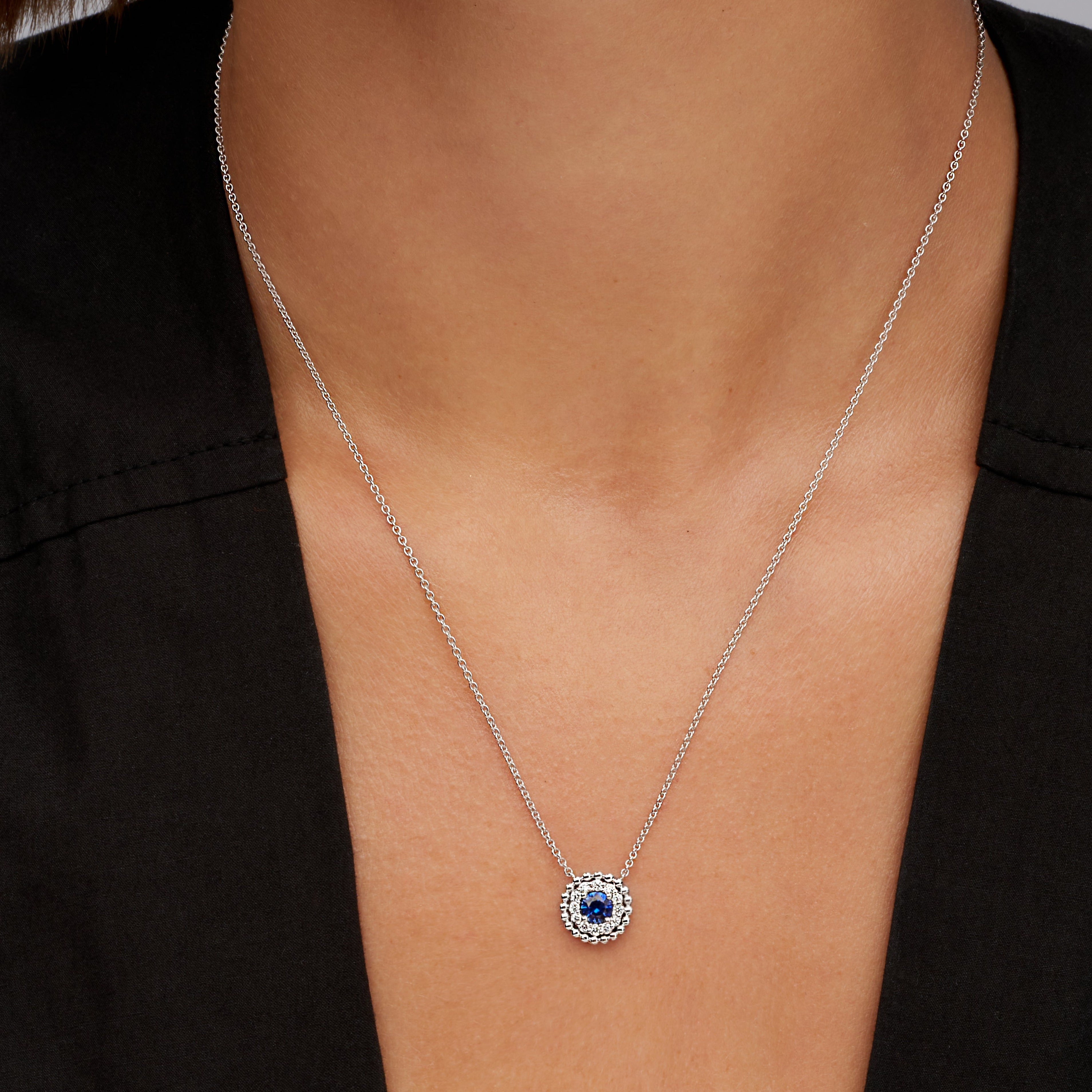 Sapphire Centered and Diamond Pendant in 18K White Gold