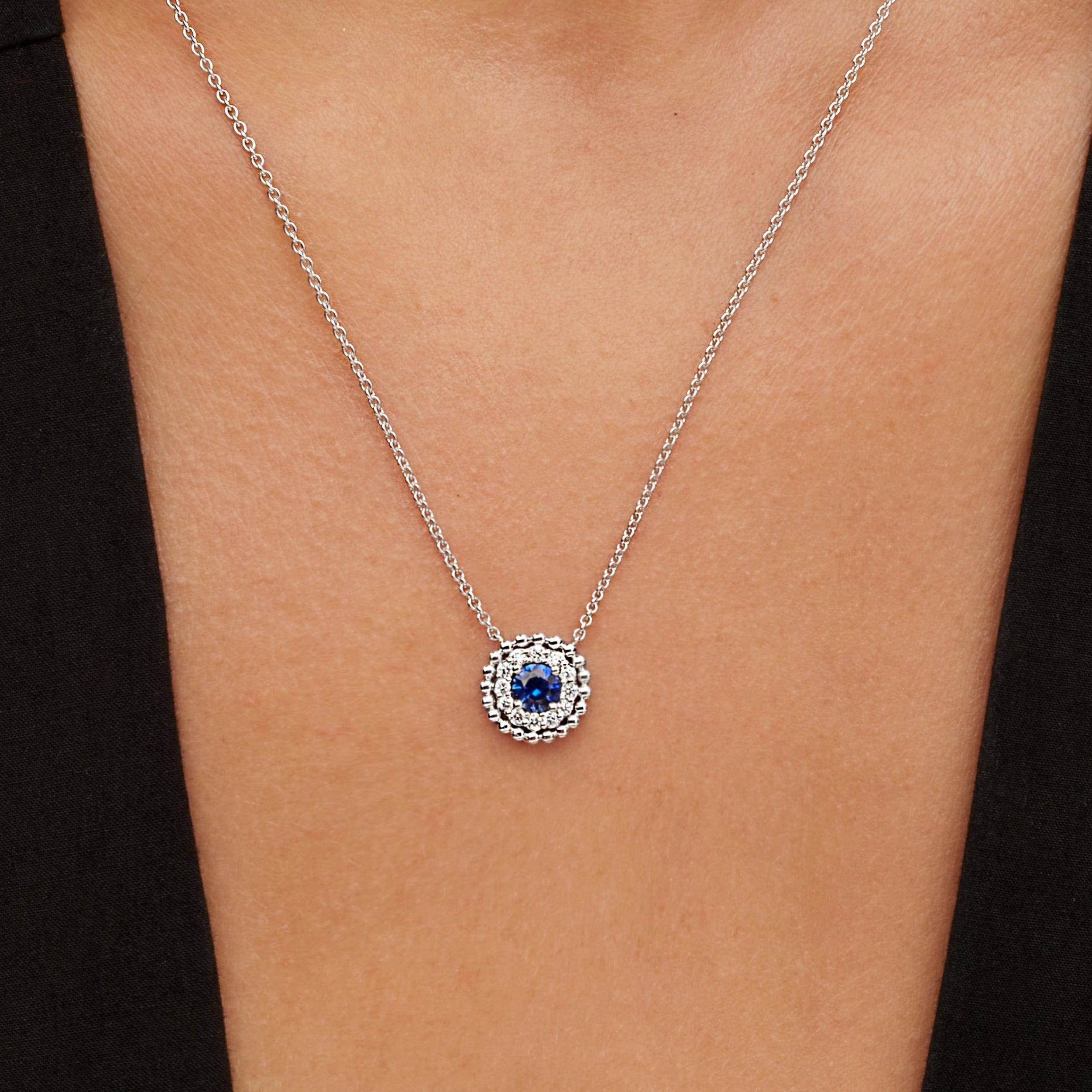 Sapphire Centered and Diamond Pendant in 18K White Gold