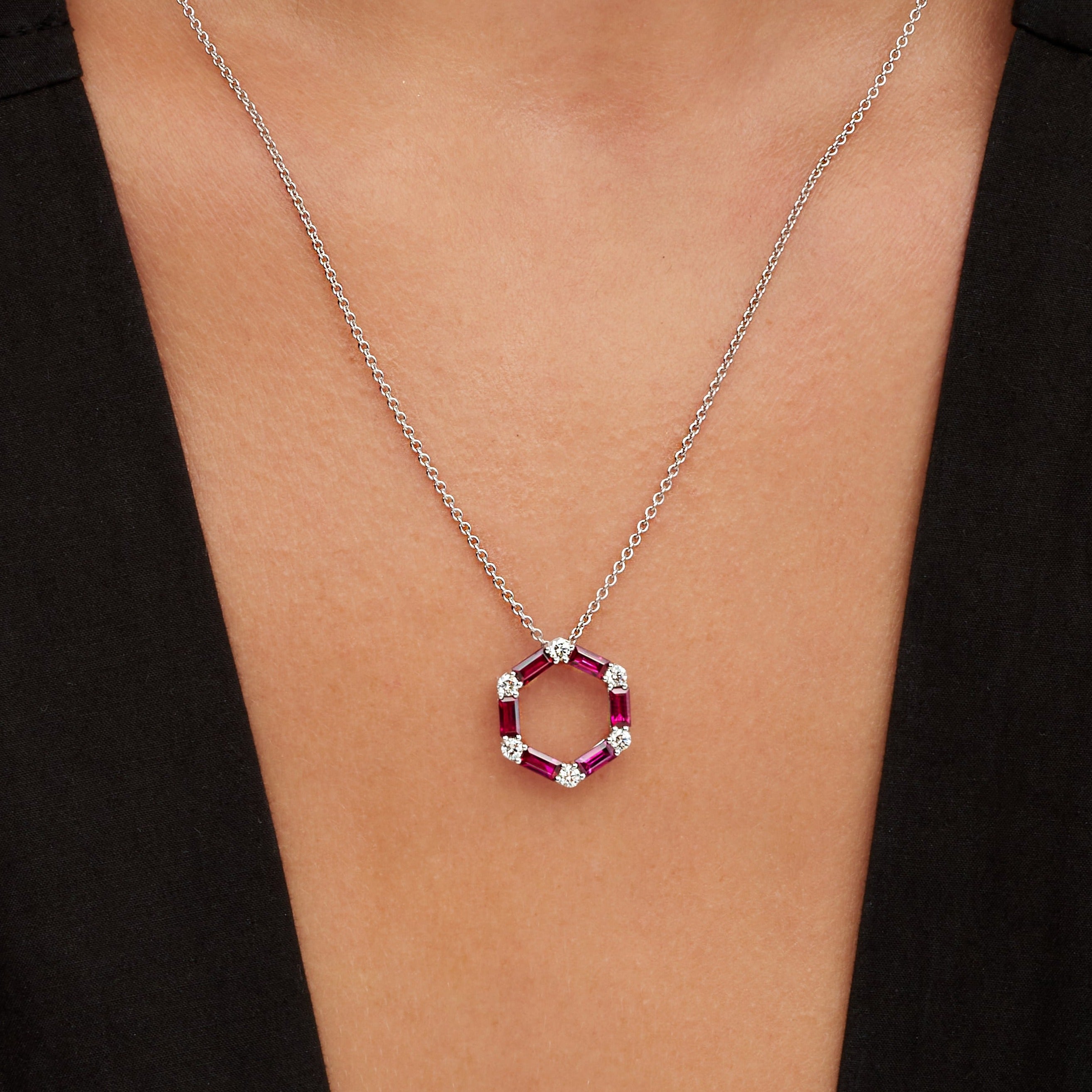 Alternating Diamond and Ruby Hoop Pendant in 18K White Gold