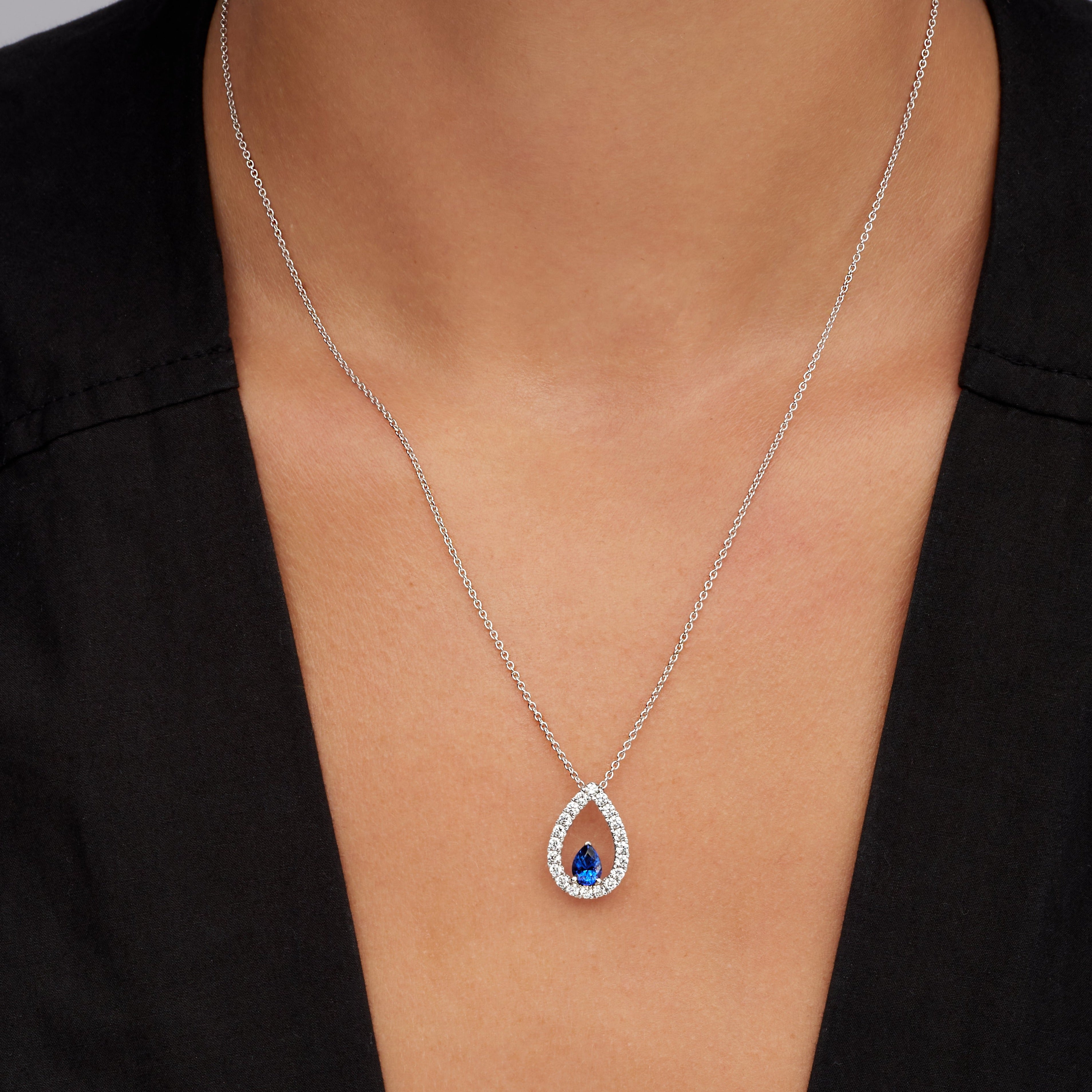 Pear Shape Sapphire Center Stone Diamond Pear Pendant in 18K White Gold