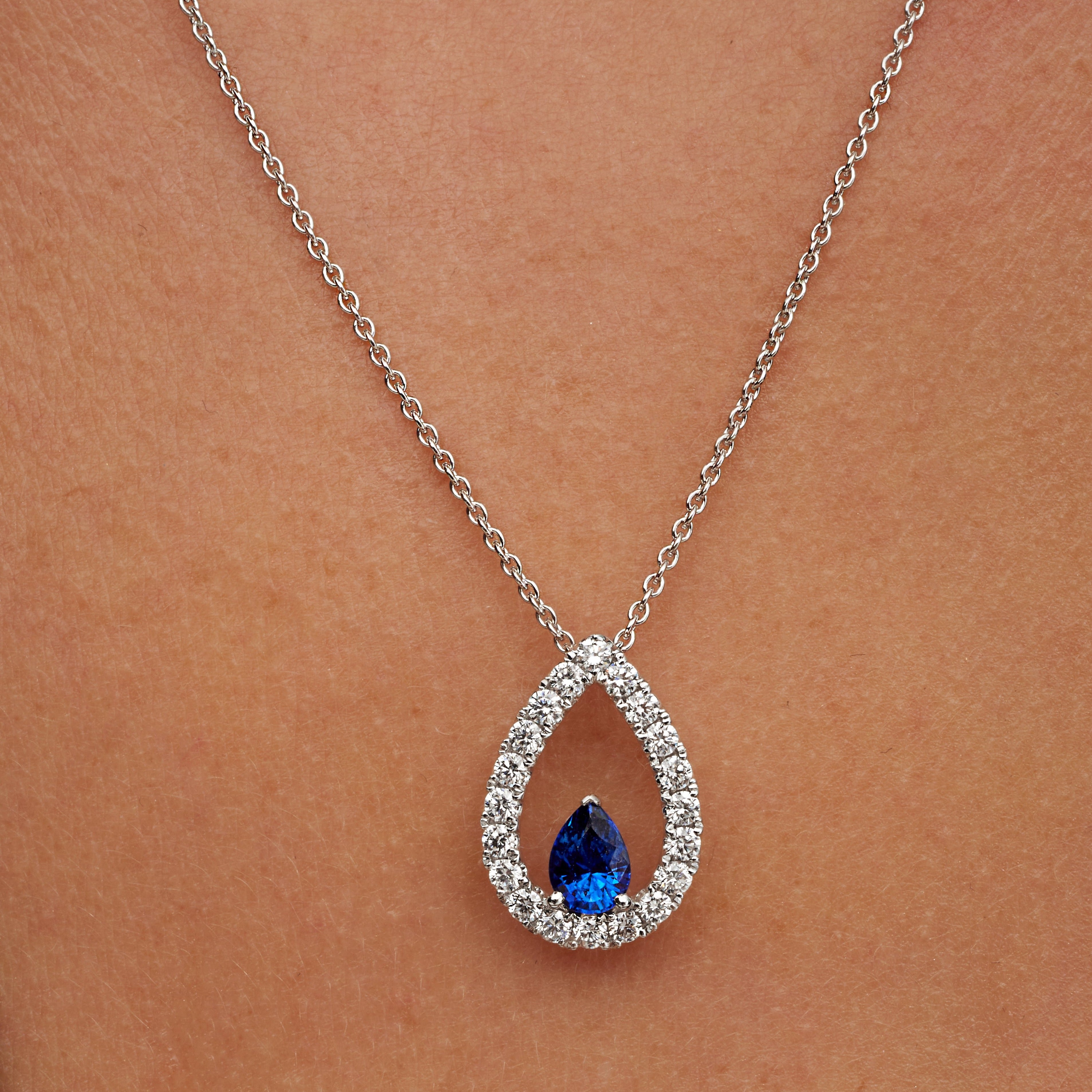 Pear Shape Sapphire Center Stone Diamond Pear Pendant in 18K White Gold