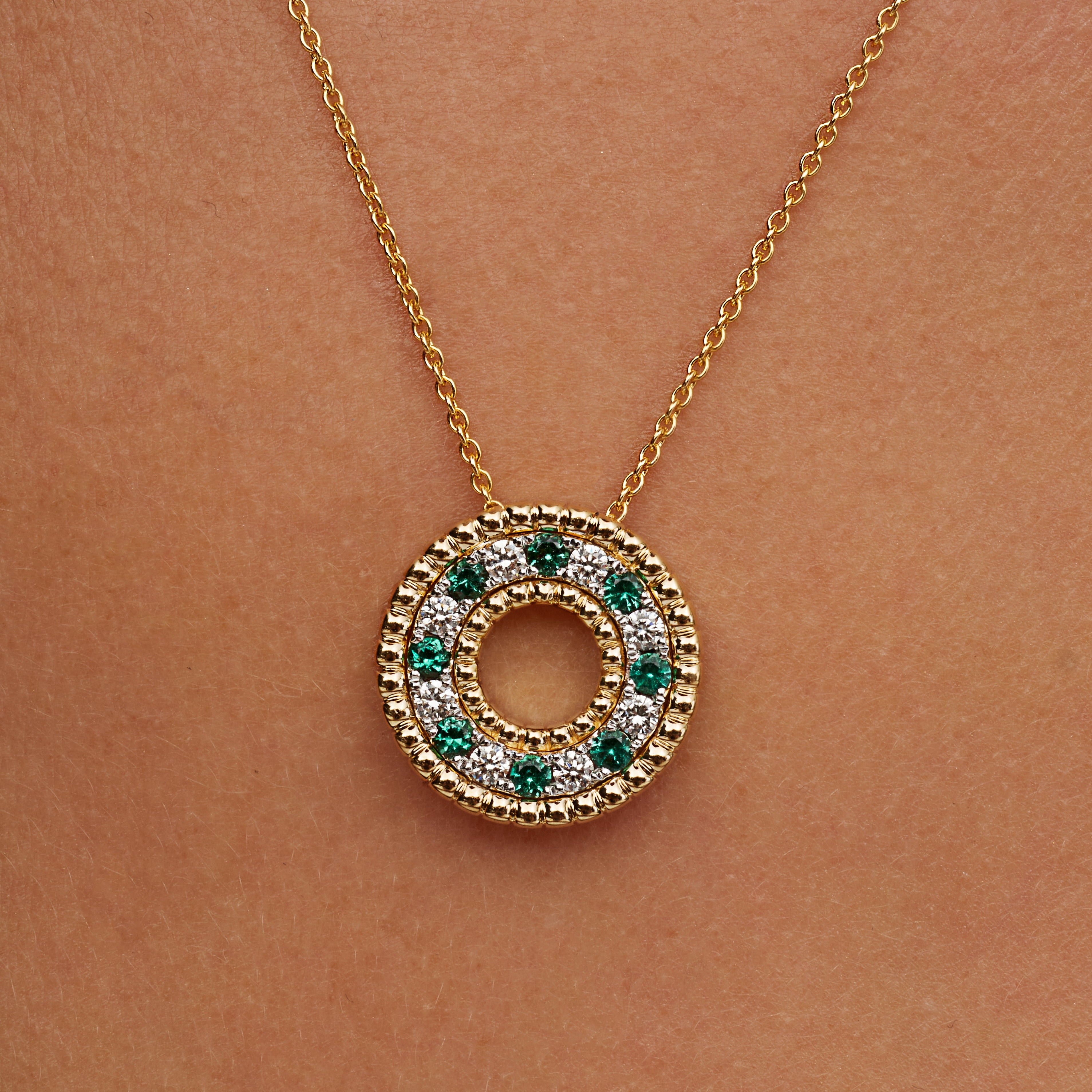 Alternating Round Brilliant Diamond and Emerald Circle Pendant in 18K Yellow Gold