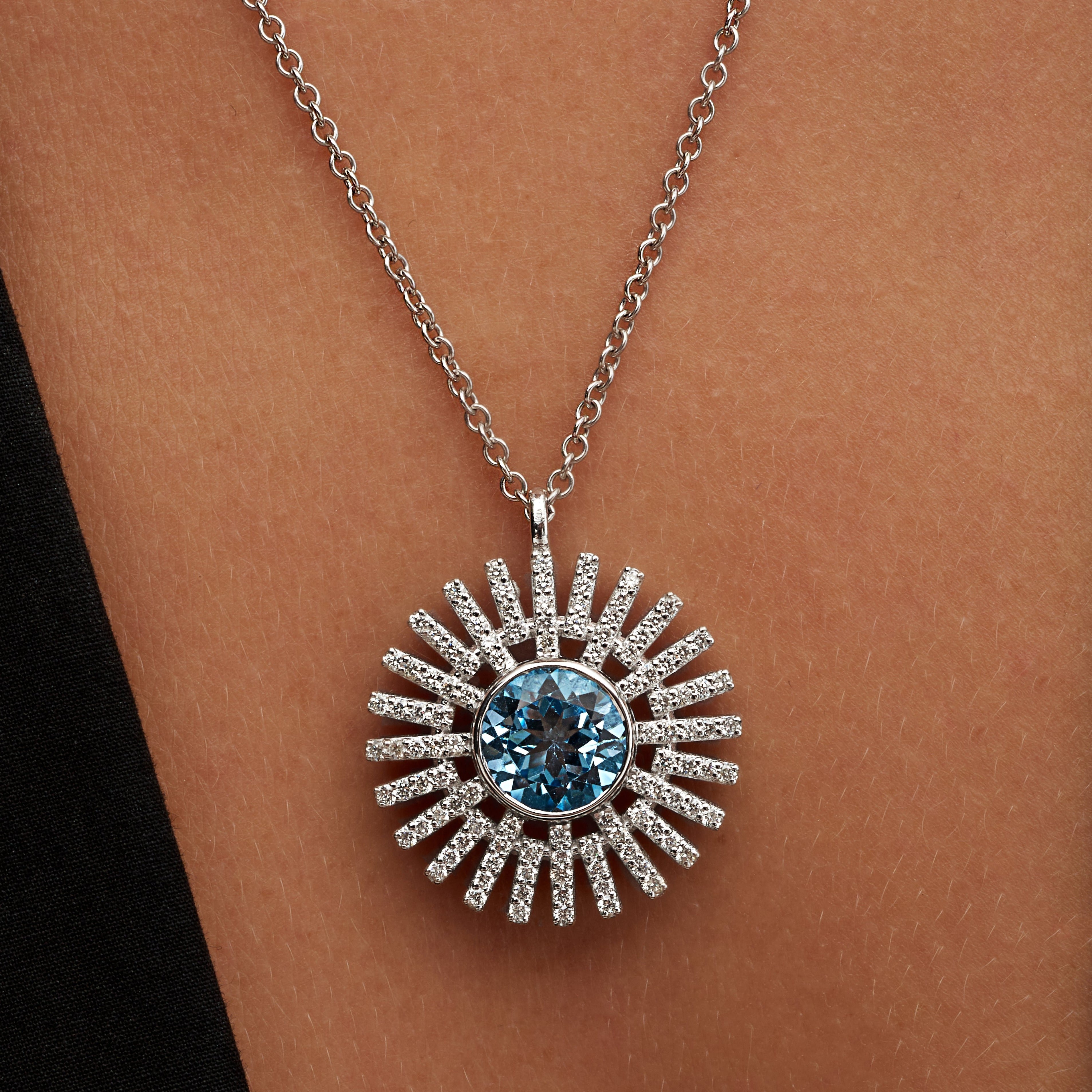 Round Blue Topaz Sun Necklace in 14K White Gold