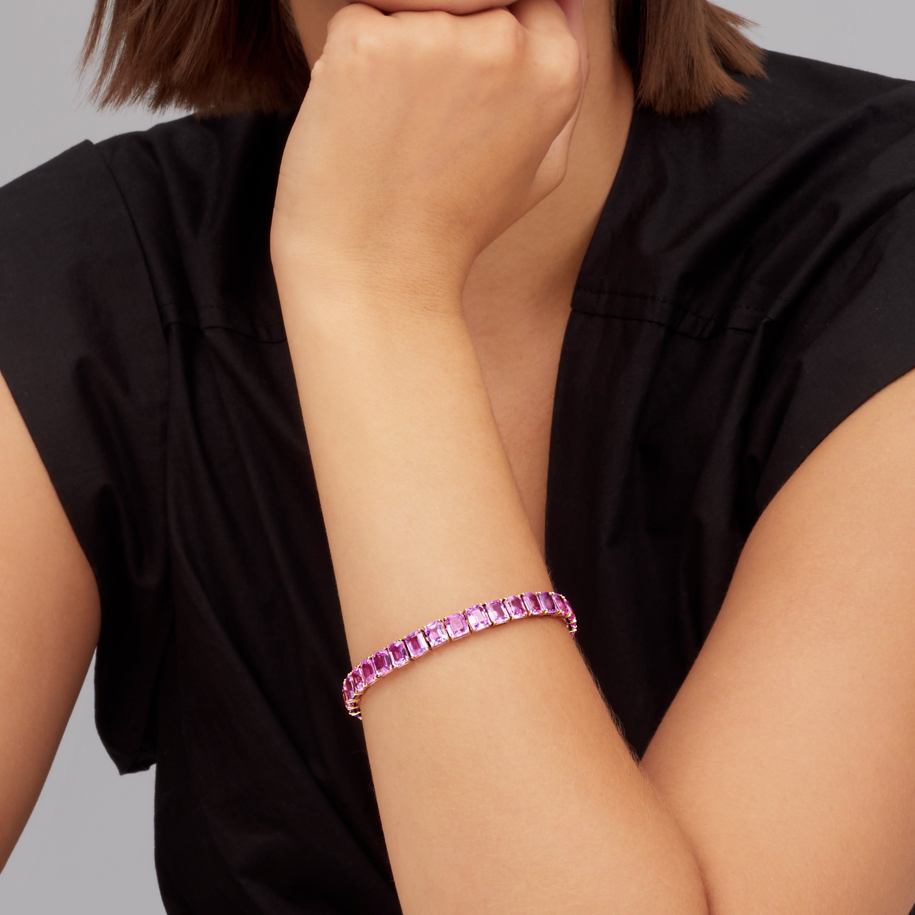 41.50ctw Emerald Cut Pink Sapphire Tennis Bracelet in 18k Rose Gold