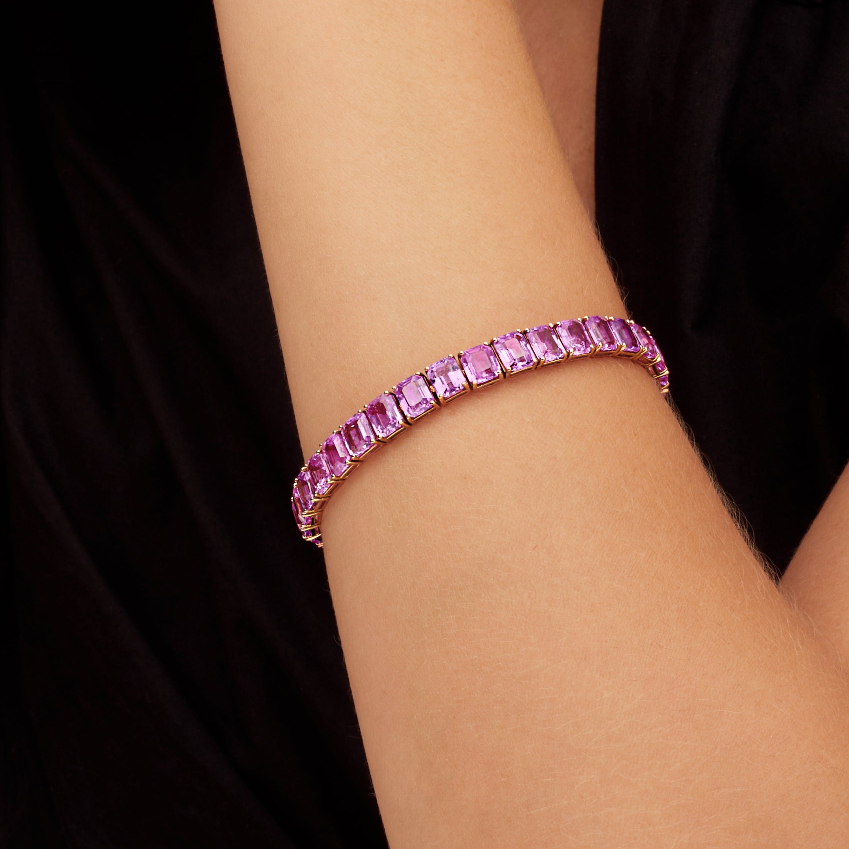 41.50ctw Emerald Cut Pink Sapphire Tennis Bracelet in 18k Rose Gold