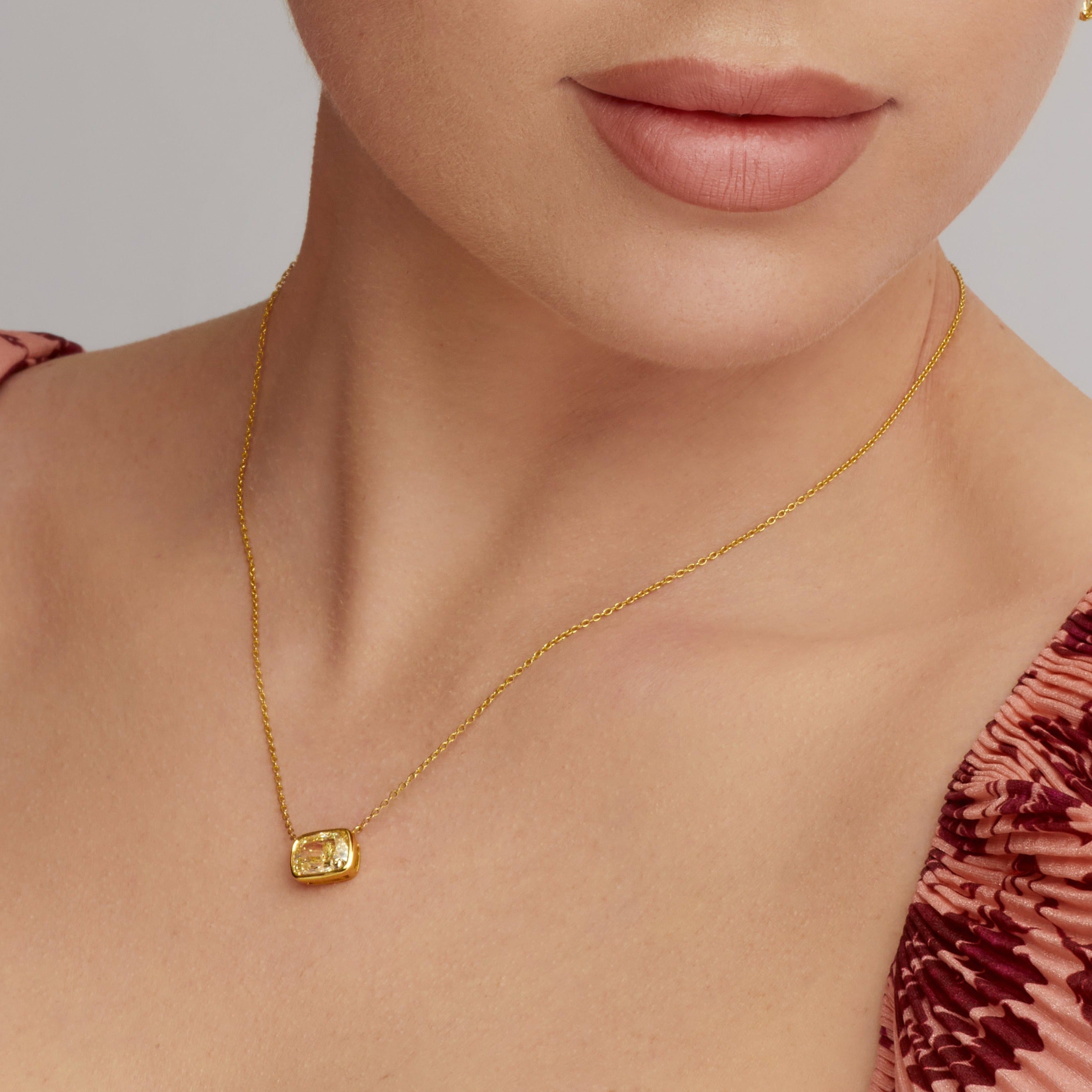 Cushion Cut Fancy Light Yellow Diamond Necklace in 18 Karat Yellow Gold