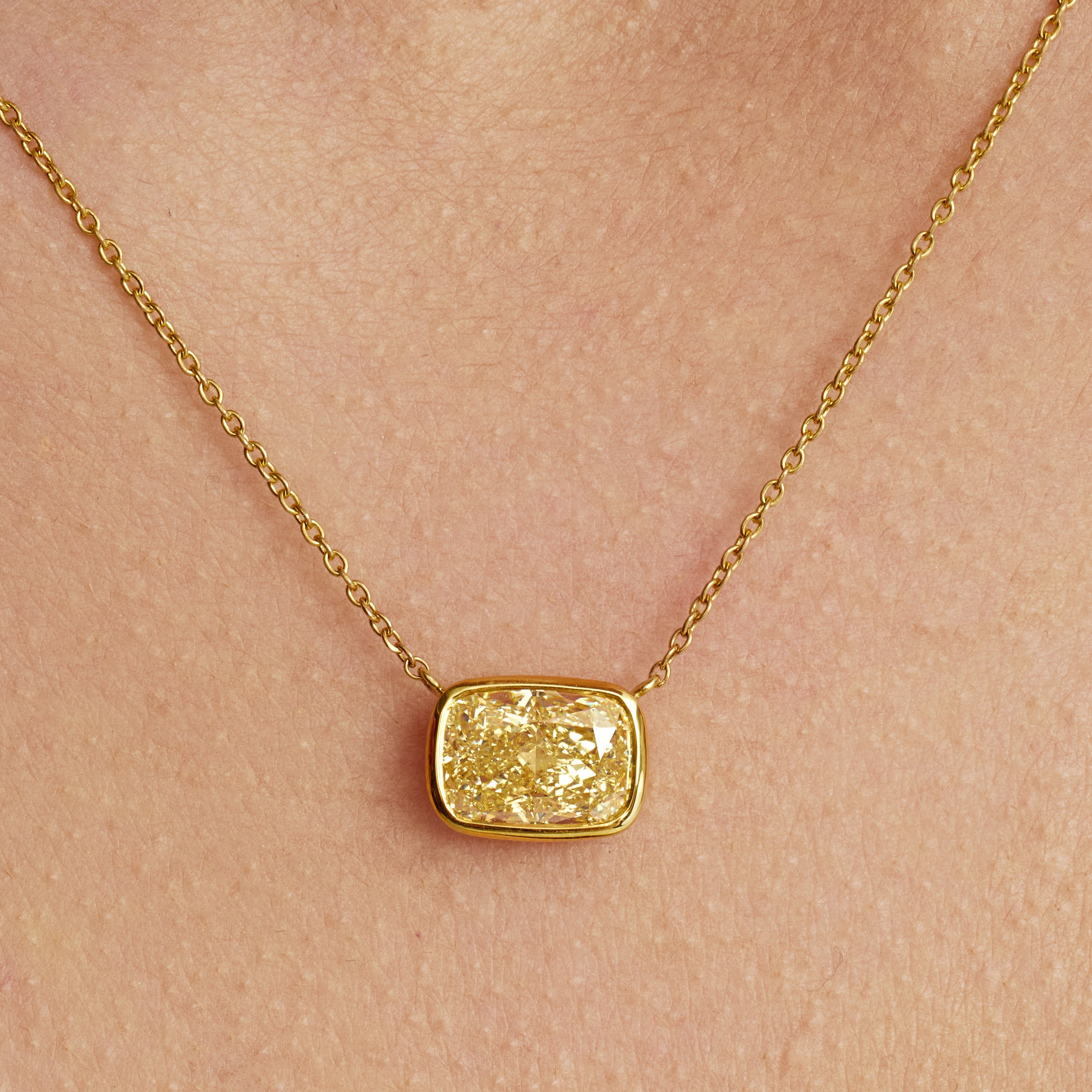 Cushion Cut Fancy Light Yellow Diamond Necklace in 18 Karat Yellow Gold