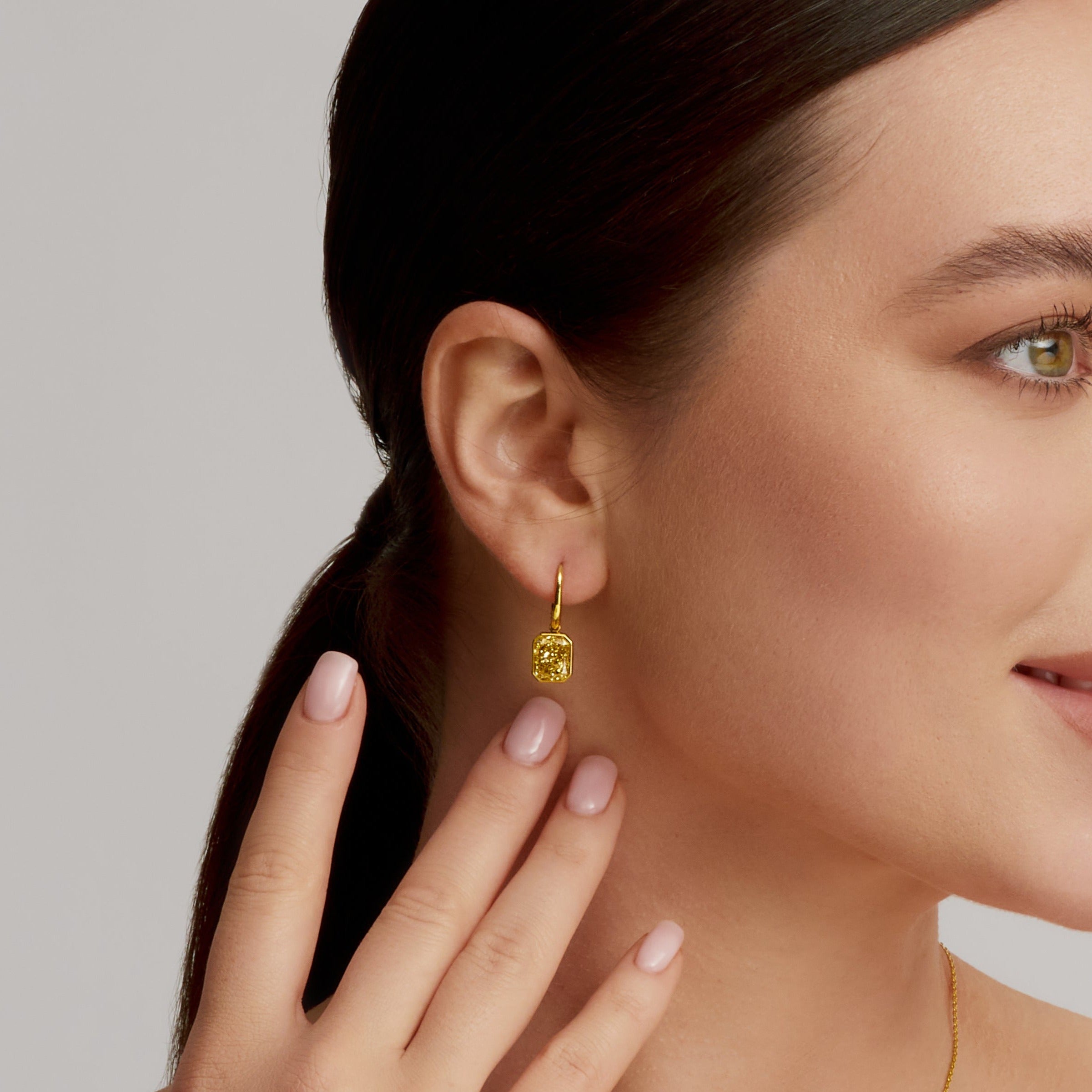 Radiant Cut Bezel Set Fancy Yellow Diamond Dangle Earring in 18 Karat Yellow Gold