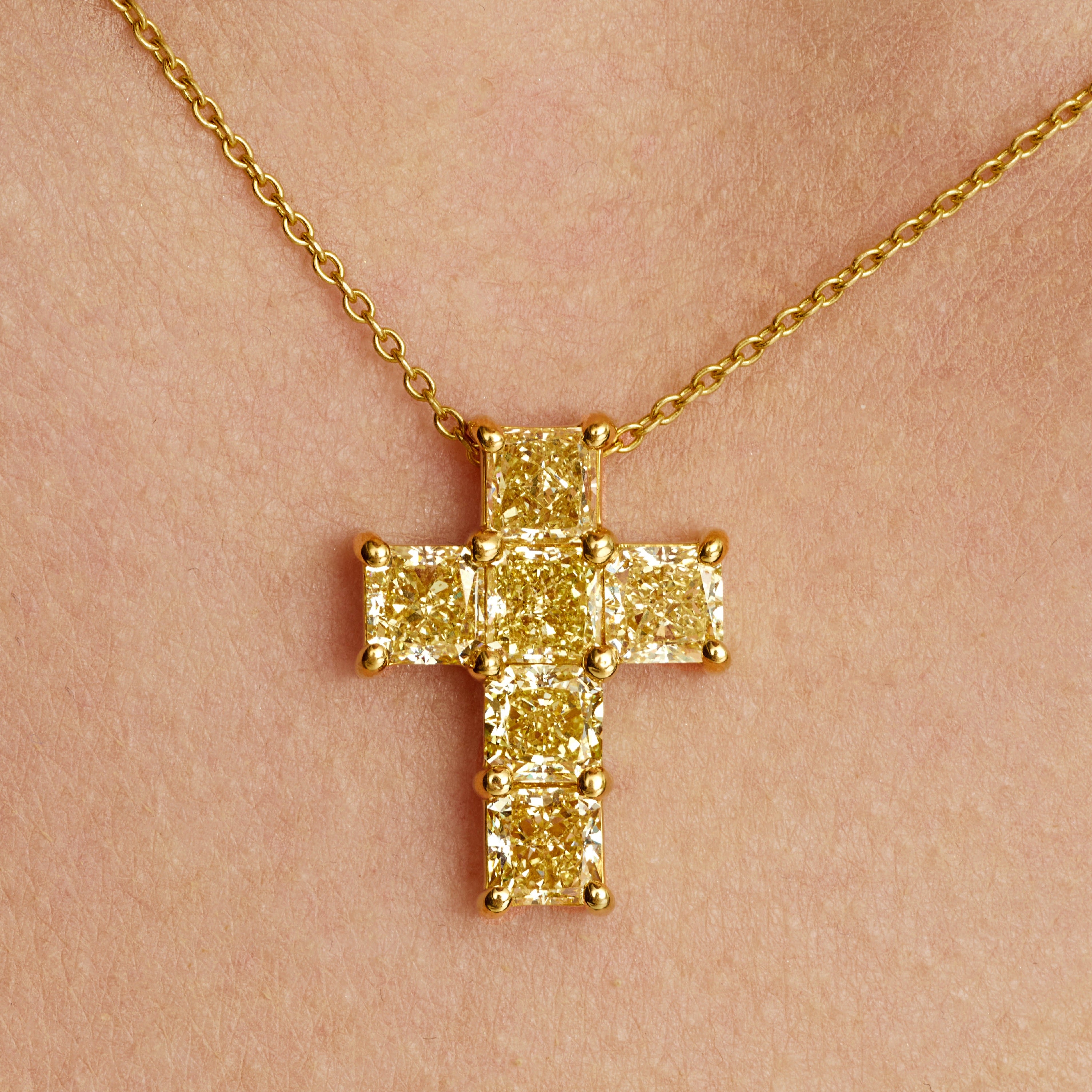 Cushion Cut Fancy Yellow Diamond Cross Necklace in 18 Karat Yellow Gold