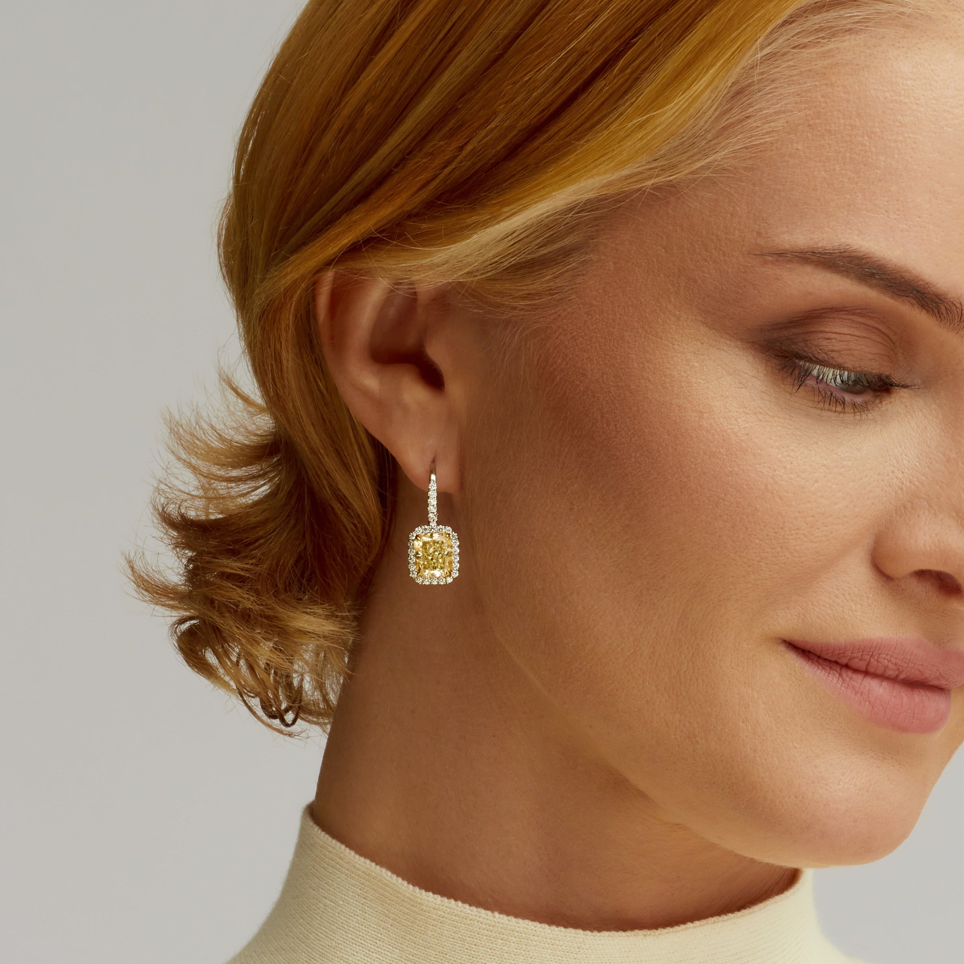 Radiant Cut Fancy Light Yellow Diamond Pavé Halo Dangle Earrings in 18 Karat Yellow Gold