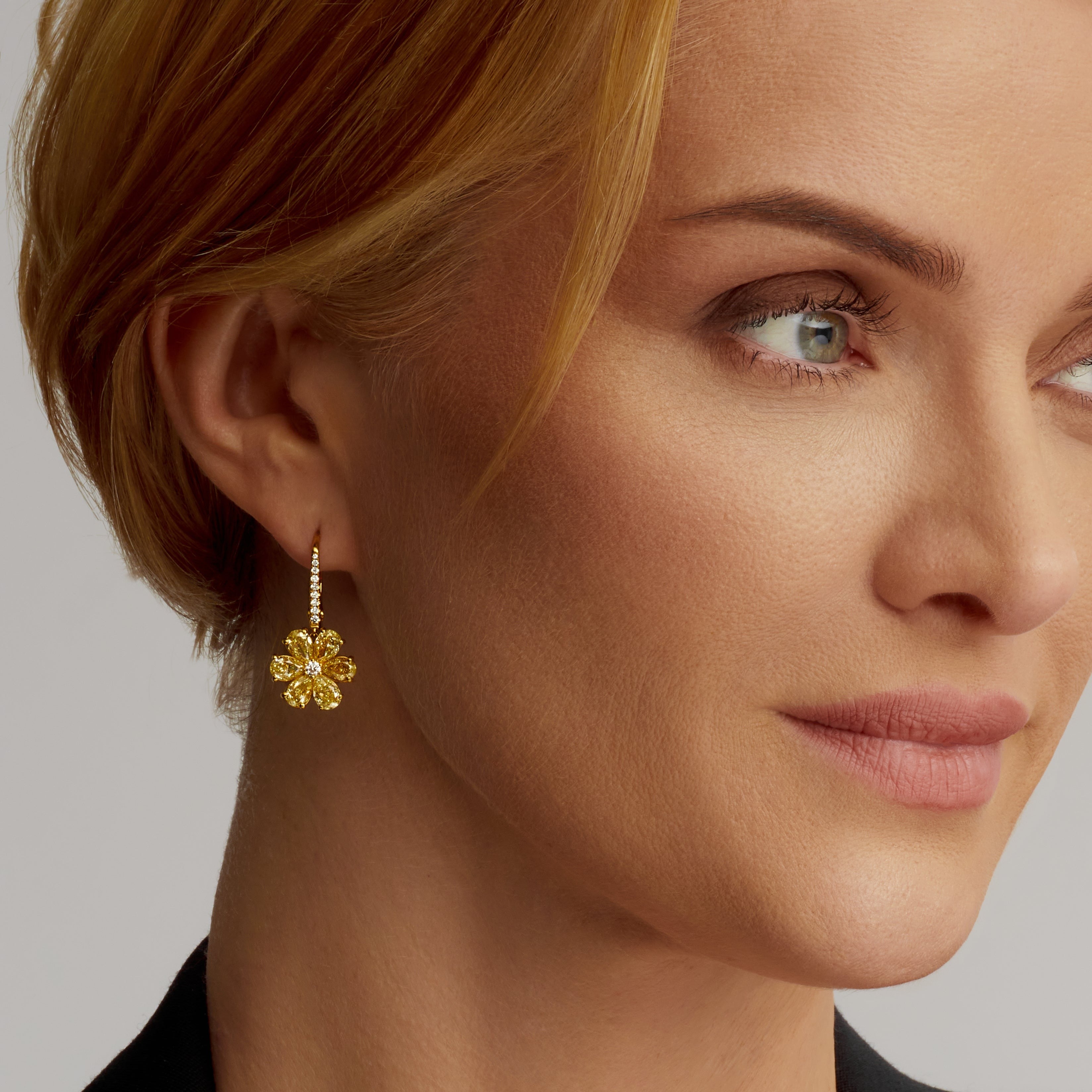 Pear Shape Fancy Yellow Diamond Flower Dangle Earrings in 18 Karat Yellow Gold
