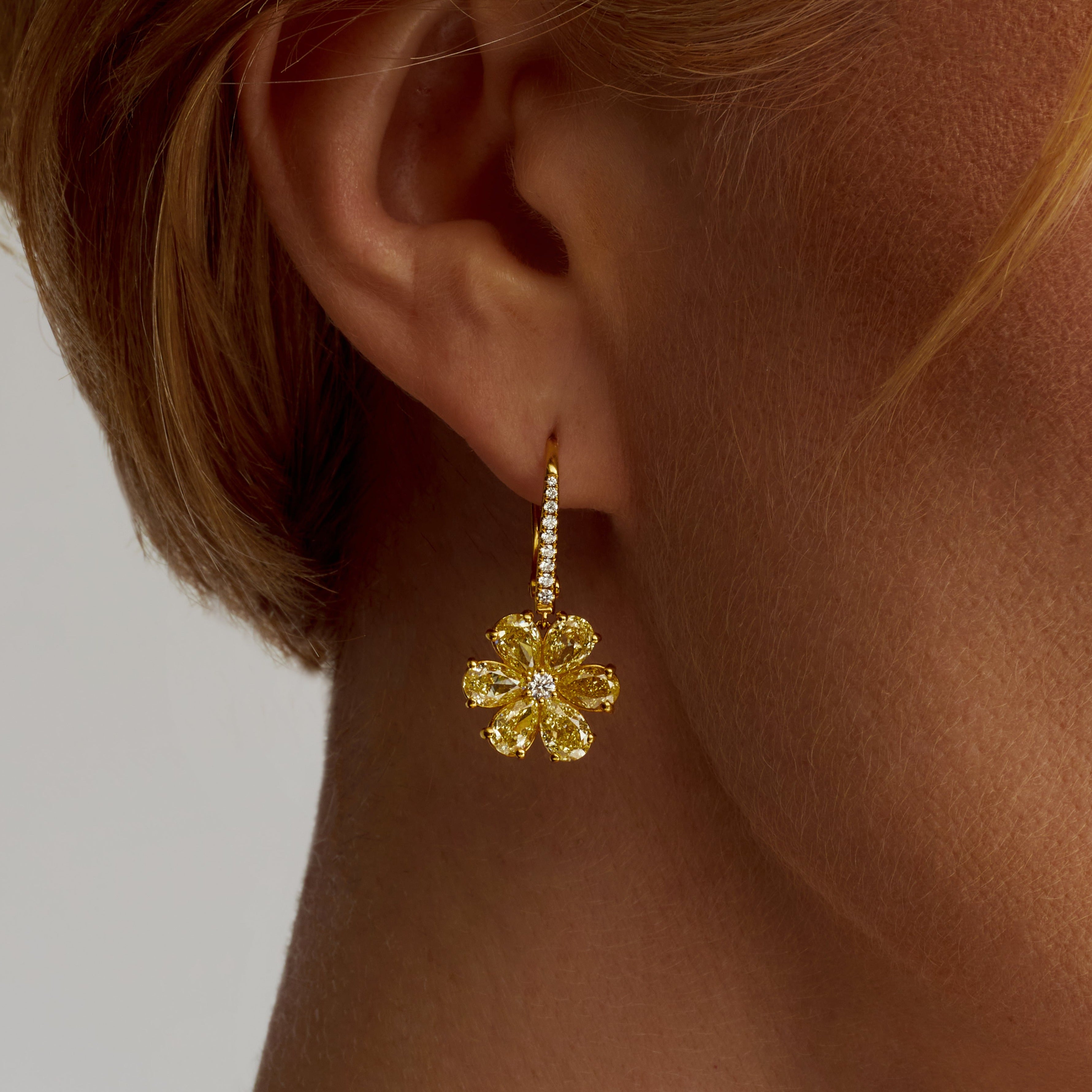 Pear Shape Fancy Yellow Diamond Flower Dangle Earrings in 18 Karat Yellow Gold