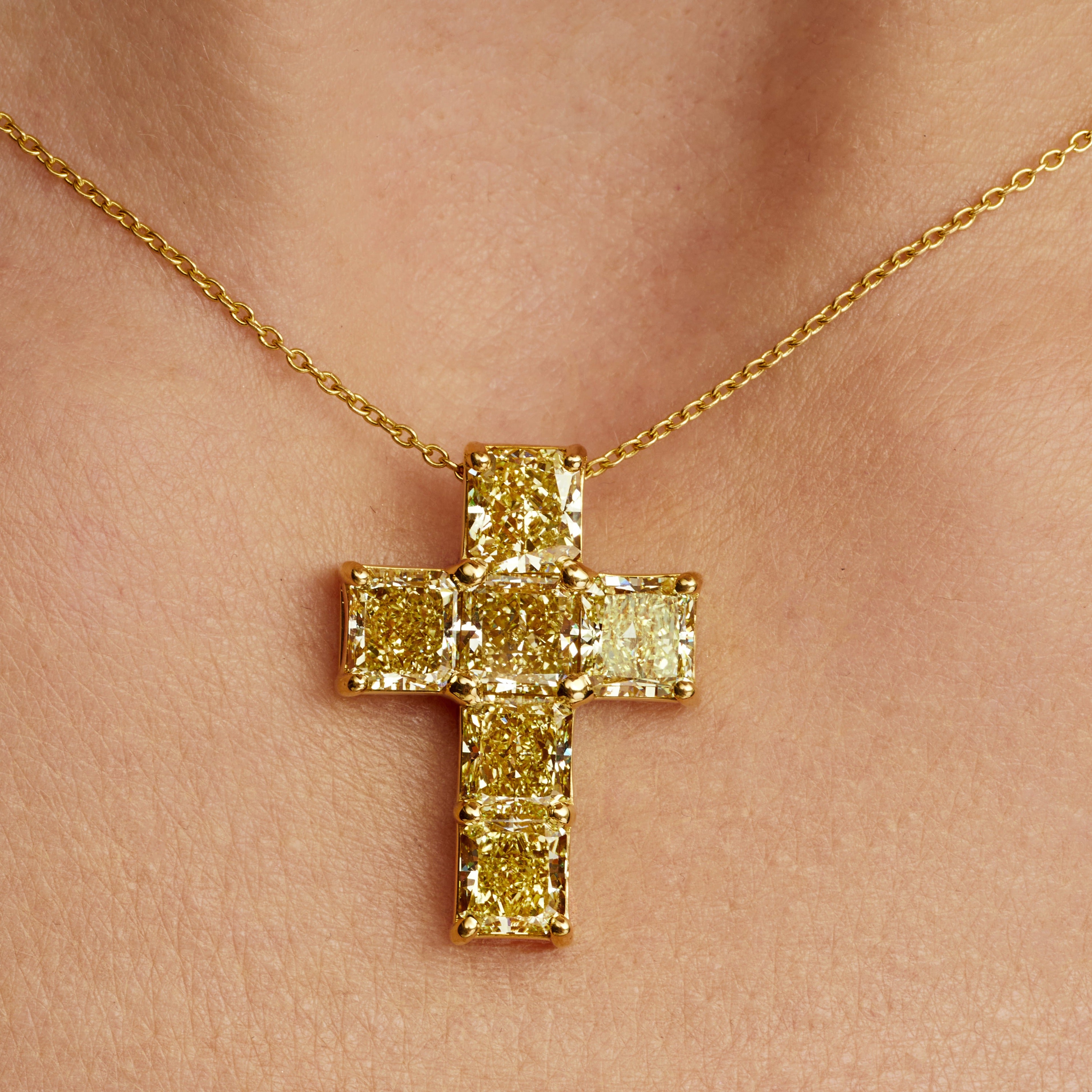 Radiant Cut Fancy Yellow Diamond Cross Necklace in 18 Karat Yellow Gold