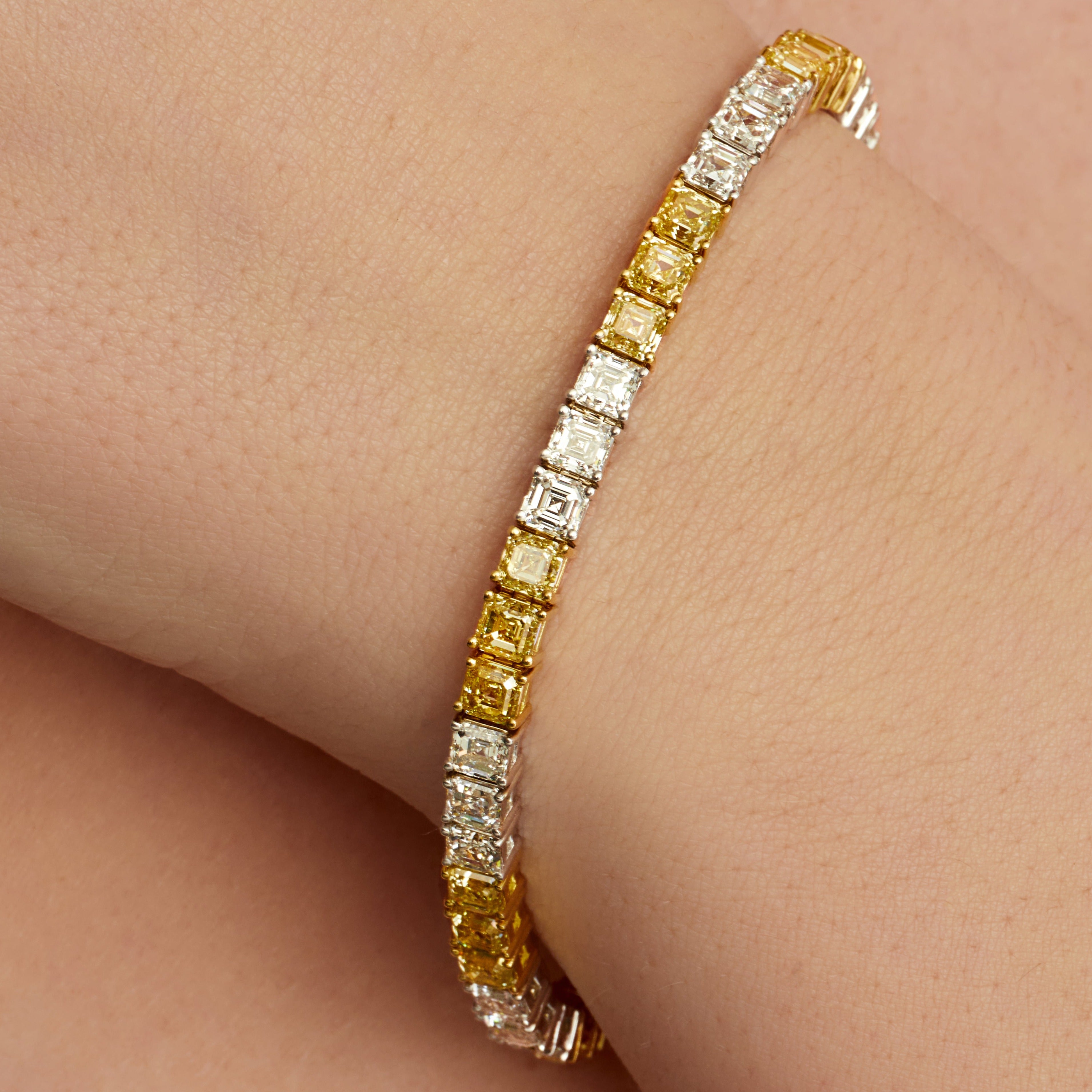 Cushion Cut Fancy Yellow and White Diamond Tennis Bracelet in 18 Karat Yellow Gold