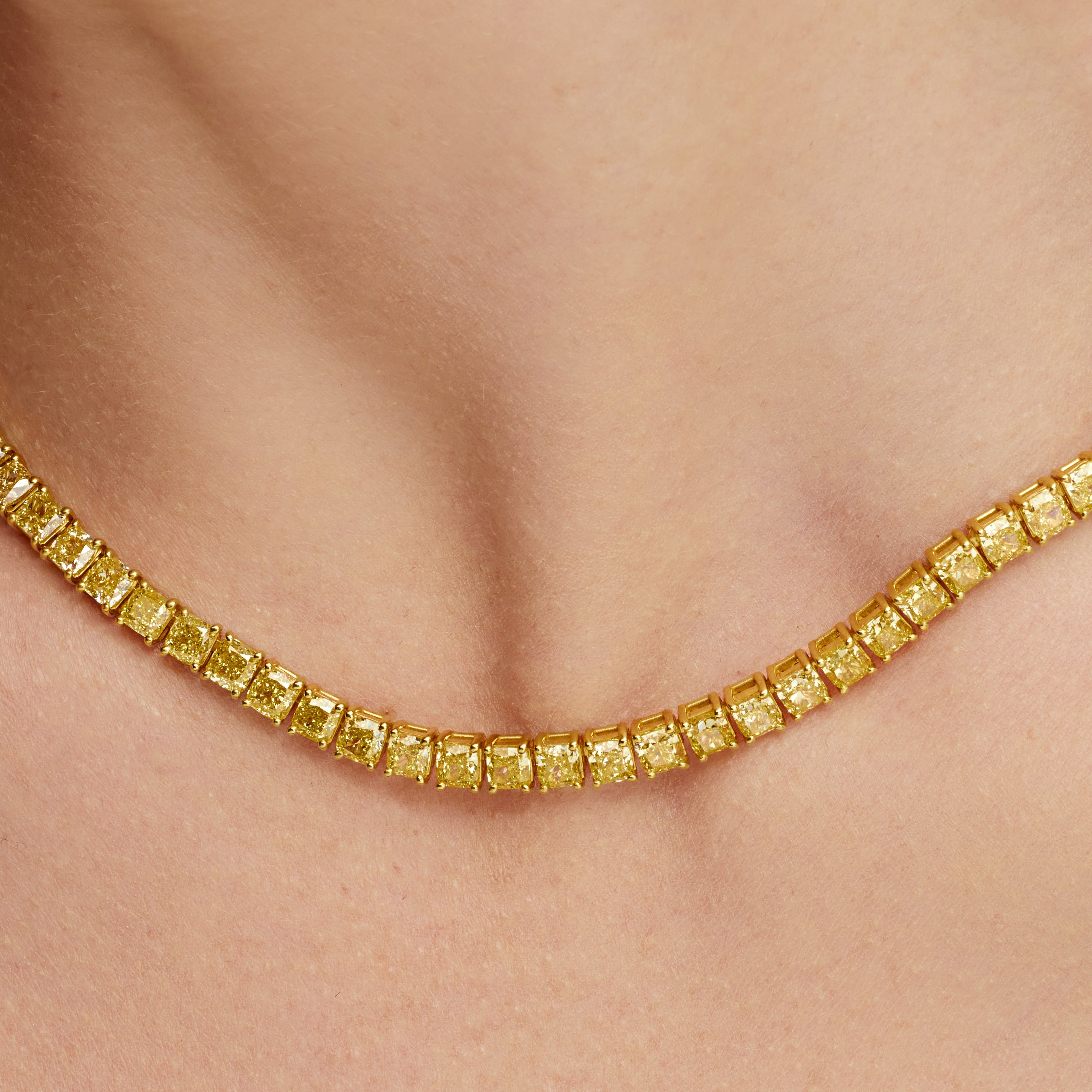 Cushion Cut Fancy Yellow Diamond Tennis Necklace in 18 Karat Yellow Gold