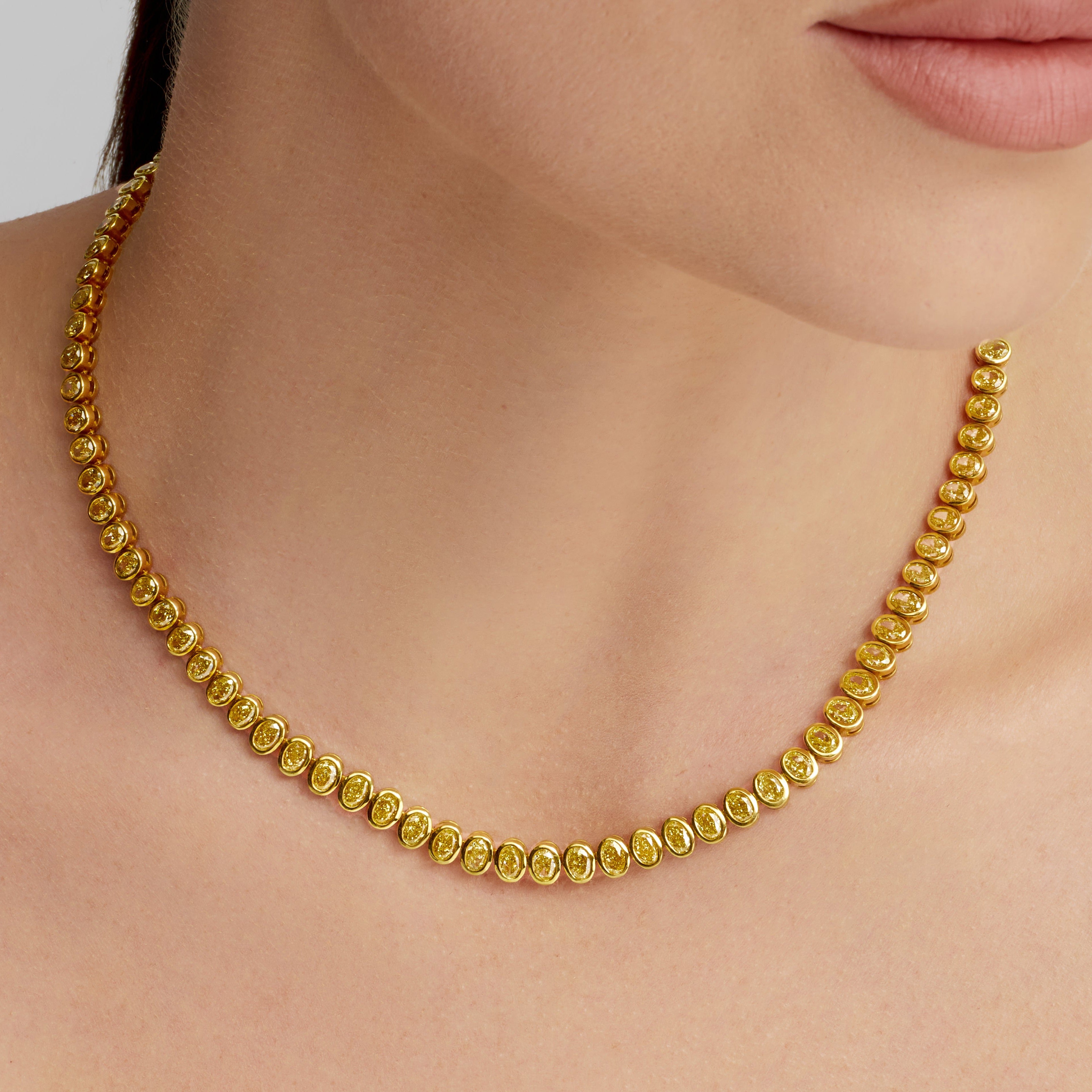 Oval Cut Bezel Set Yellow Diamond Tennis Necklace Set in 18 Karat Yellow Gold