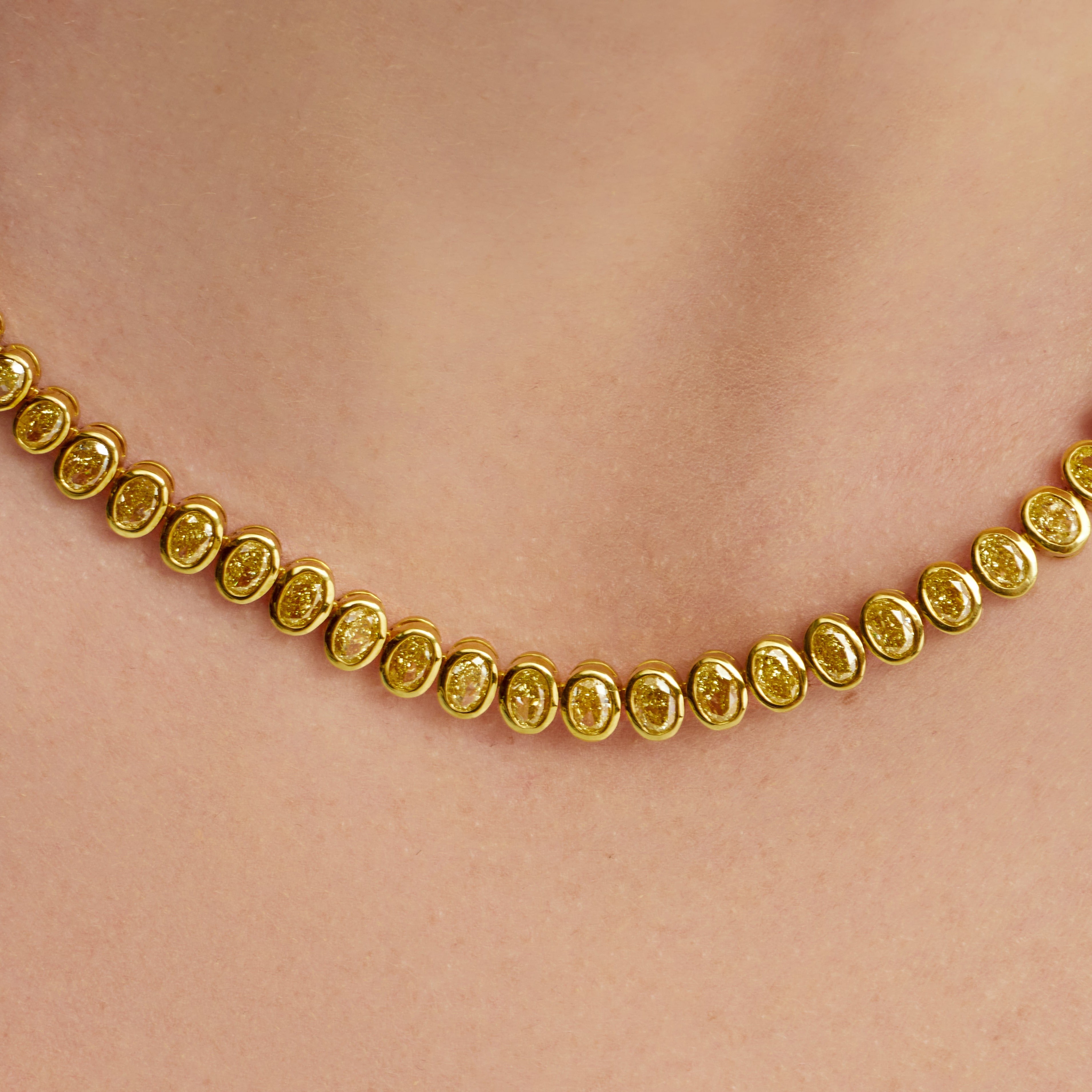 Oval Cut Bezel Set Yellow Diamond Tennis Necklace Set in 18 Karat Yellow Gold