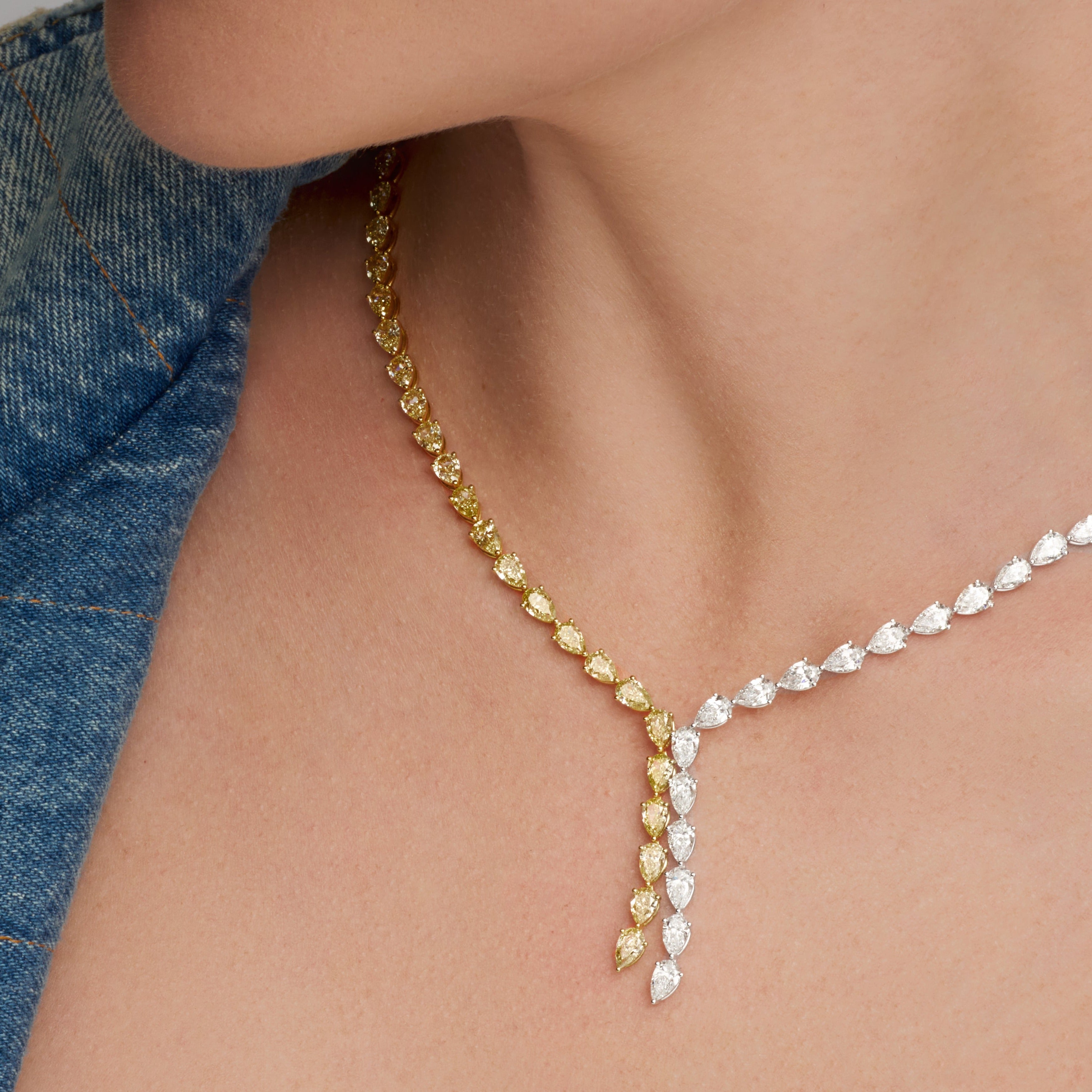 Pear Shape White and Yellow Diamond Lariat Necklace in 18 Karat White Gold and Yellow Gold